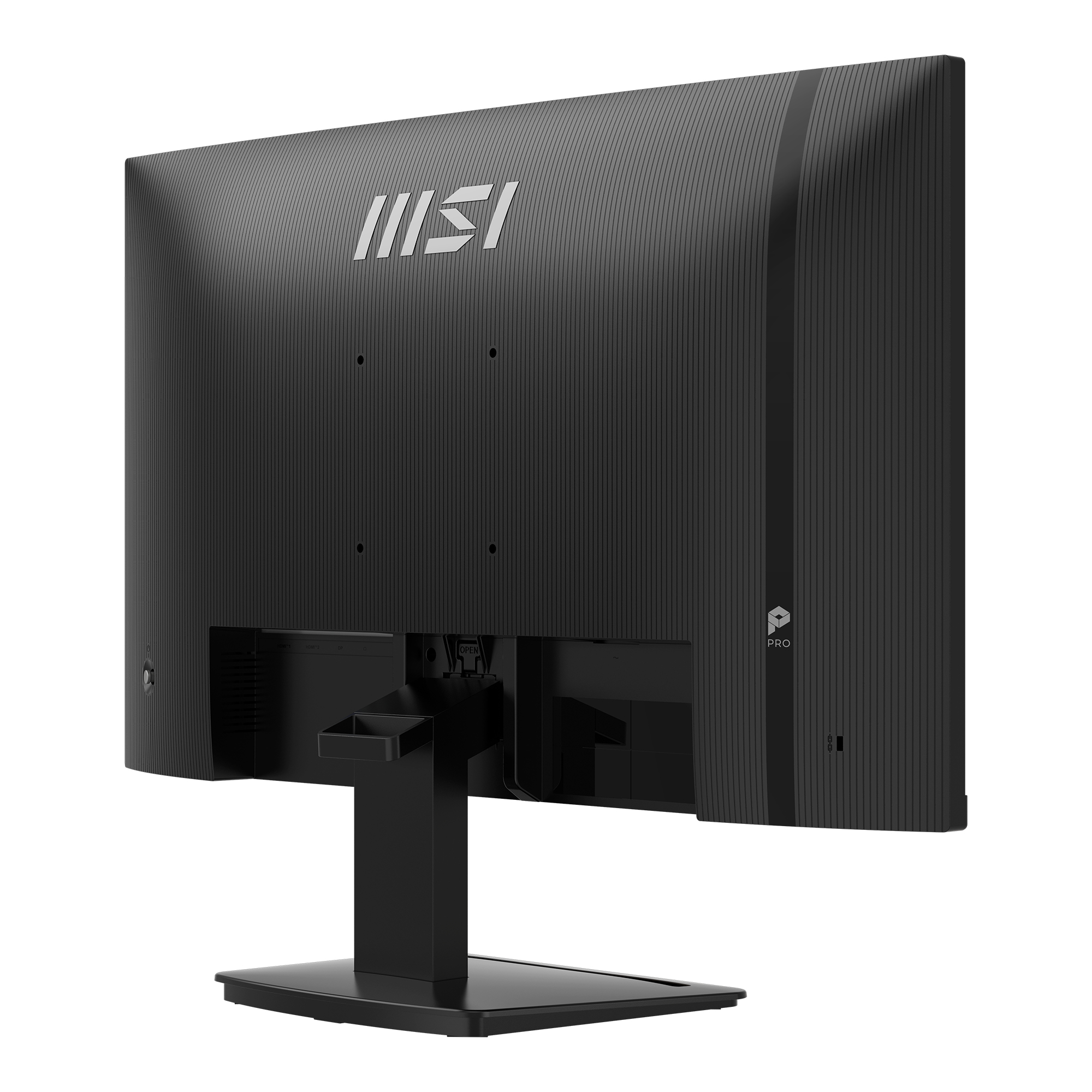 Vista posteriore di un monitor MSI nero con scocca scanalata e logo argentato.