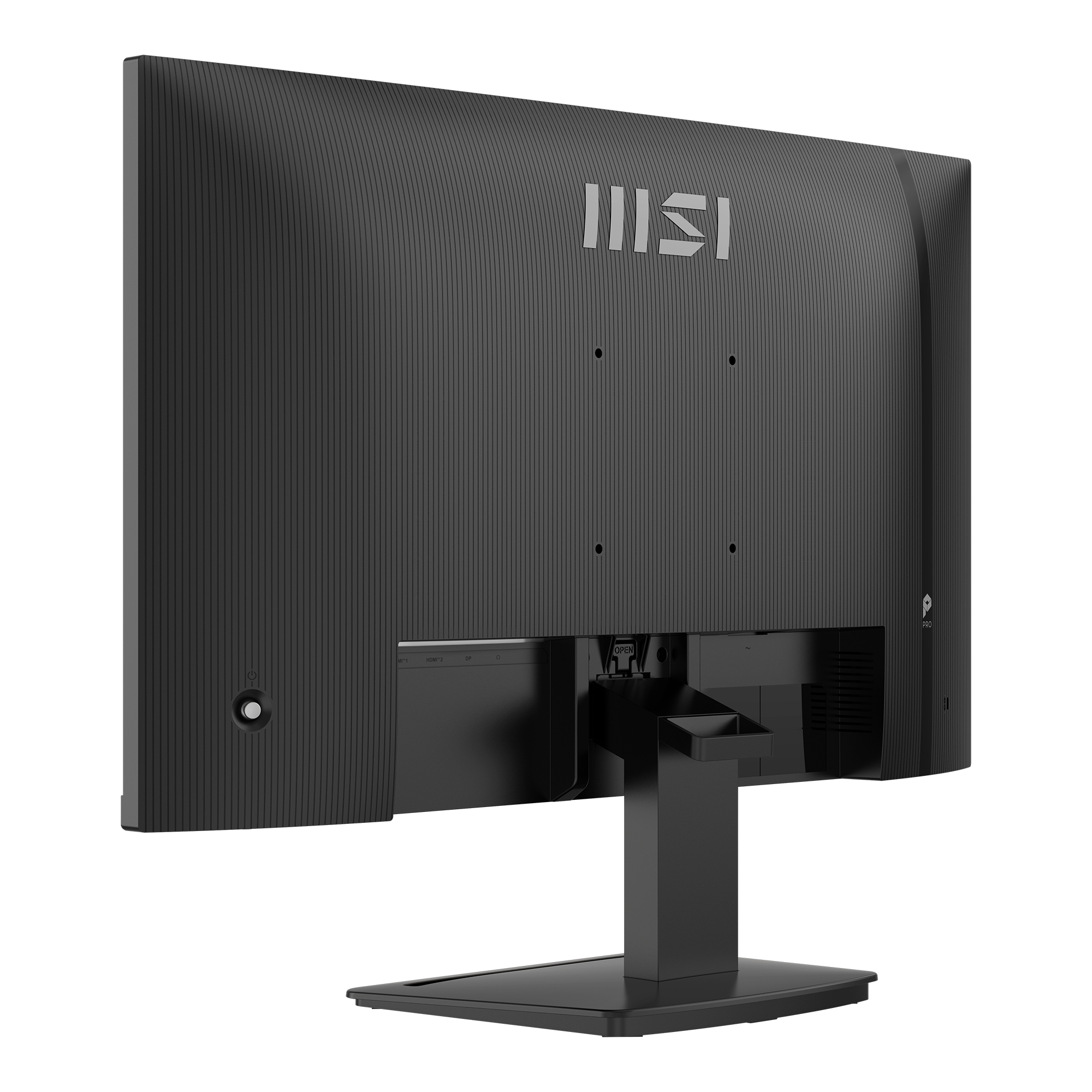 Retro di un monitor MSI nero con scocca scanalata e porte visibili.