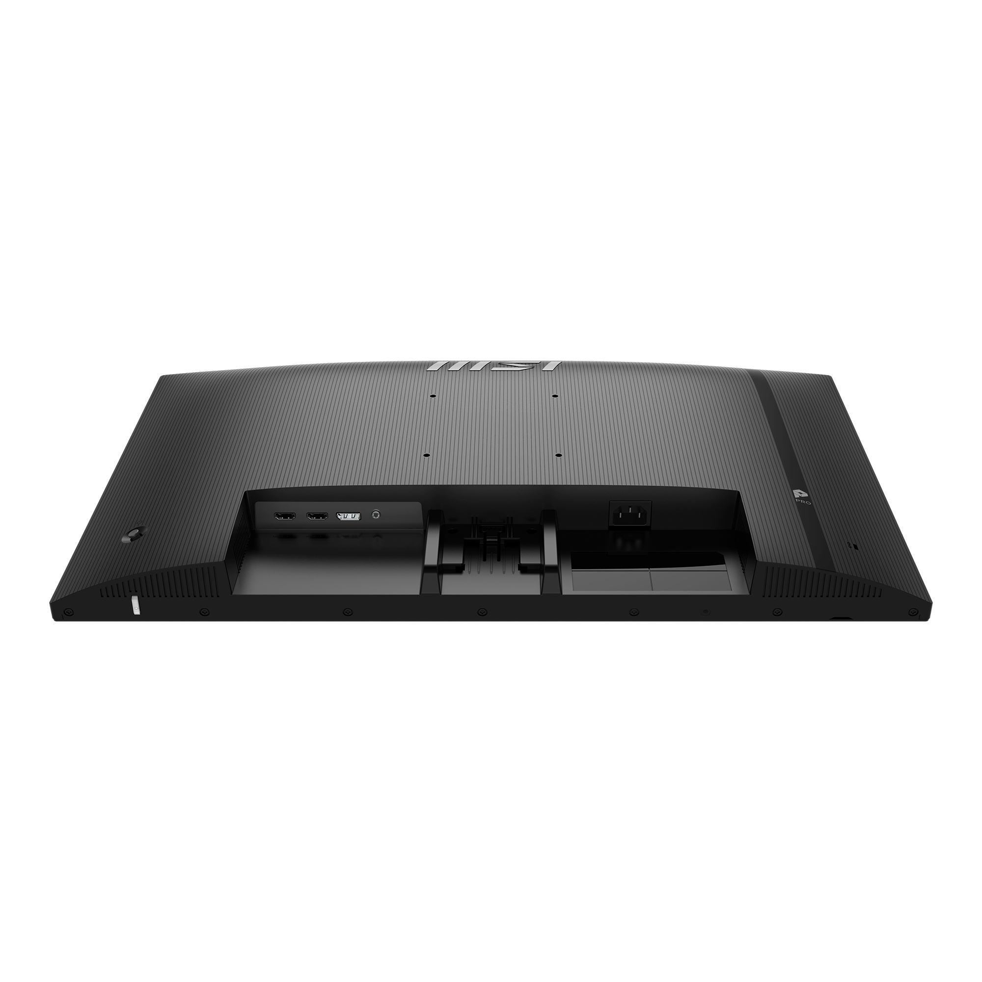 Retro di un monitor nero con porte come HDMI e USB, con superficie testurizzata.