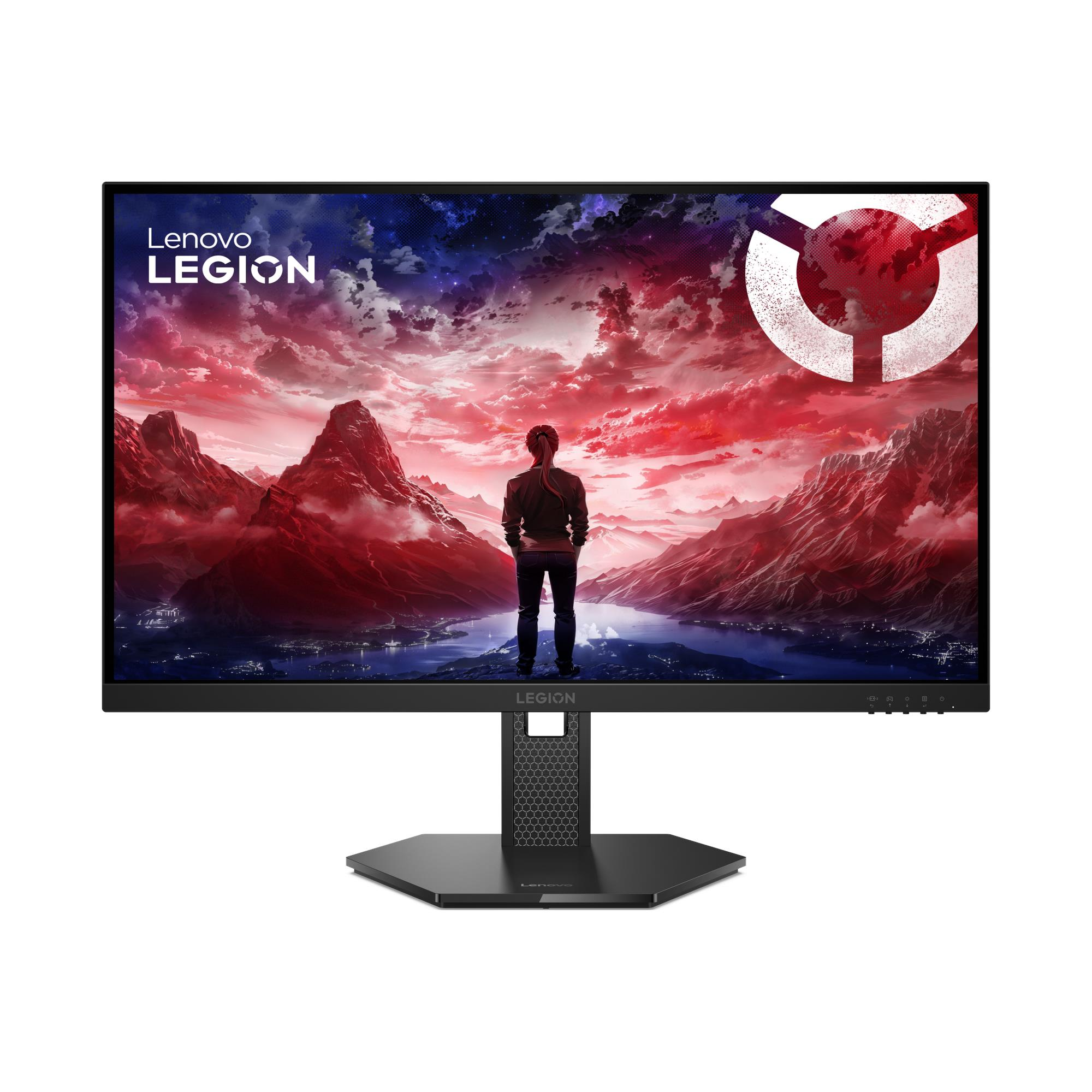 Un monitor Lenovo Legion mostra un paesaggio drammatico con una persona.