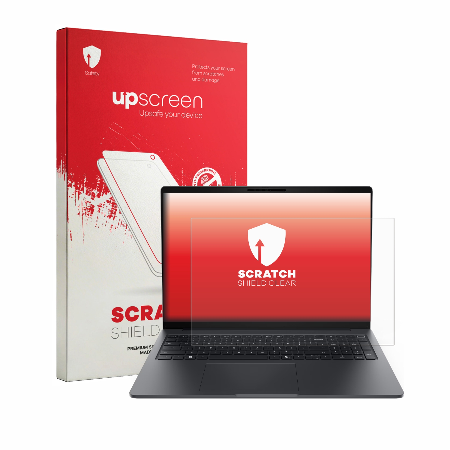 Ein Laptop mit einer angebrachten Displayschutzfolie und einer roten Verpackung daneben.