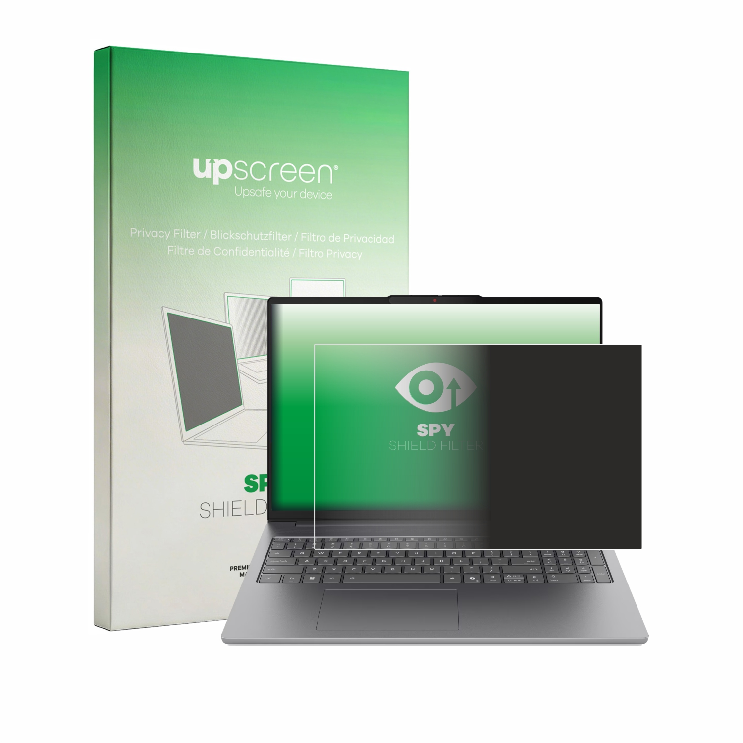 Ein Laptop mit einem Sichtschutzfilter, der mit dem Aufdruck 'SPY SHIELD FILTER' auf der Verpackung versehen ist.