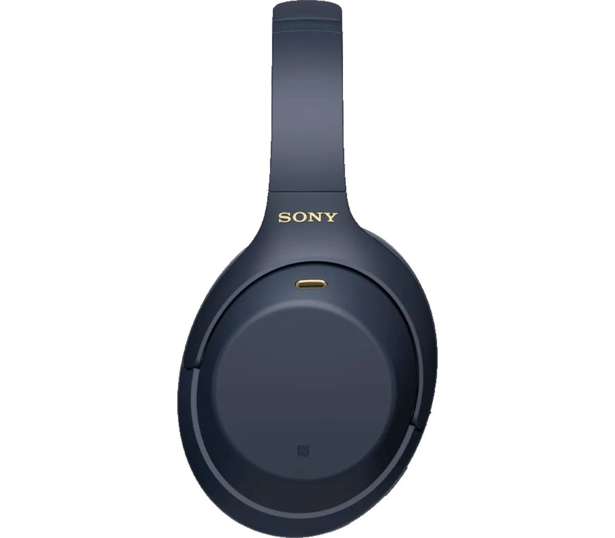 Dunkelblaue Sony Kopfhörer mit goldenem Logo und Ladeanschluss.