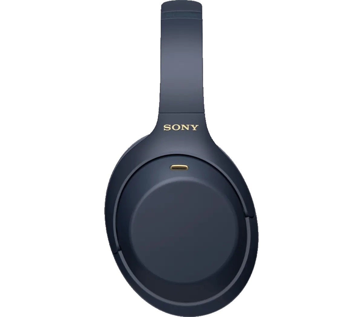 Dunkelblaue Sony-Kopfhörer mit goldenem Logo und Akzenten auf weißem Hintergrund.