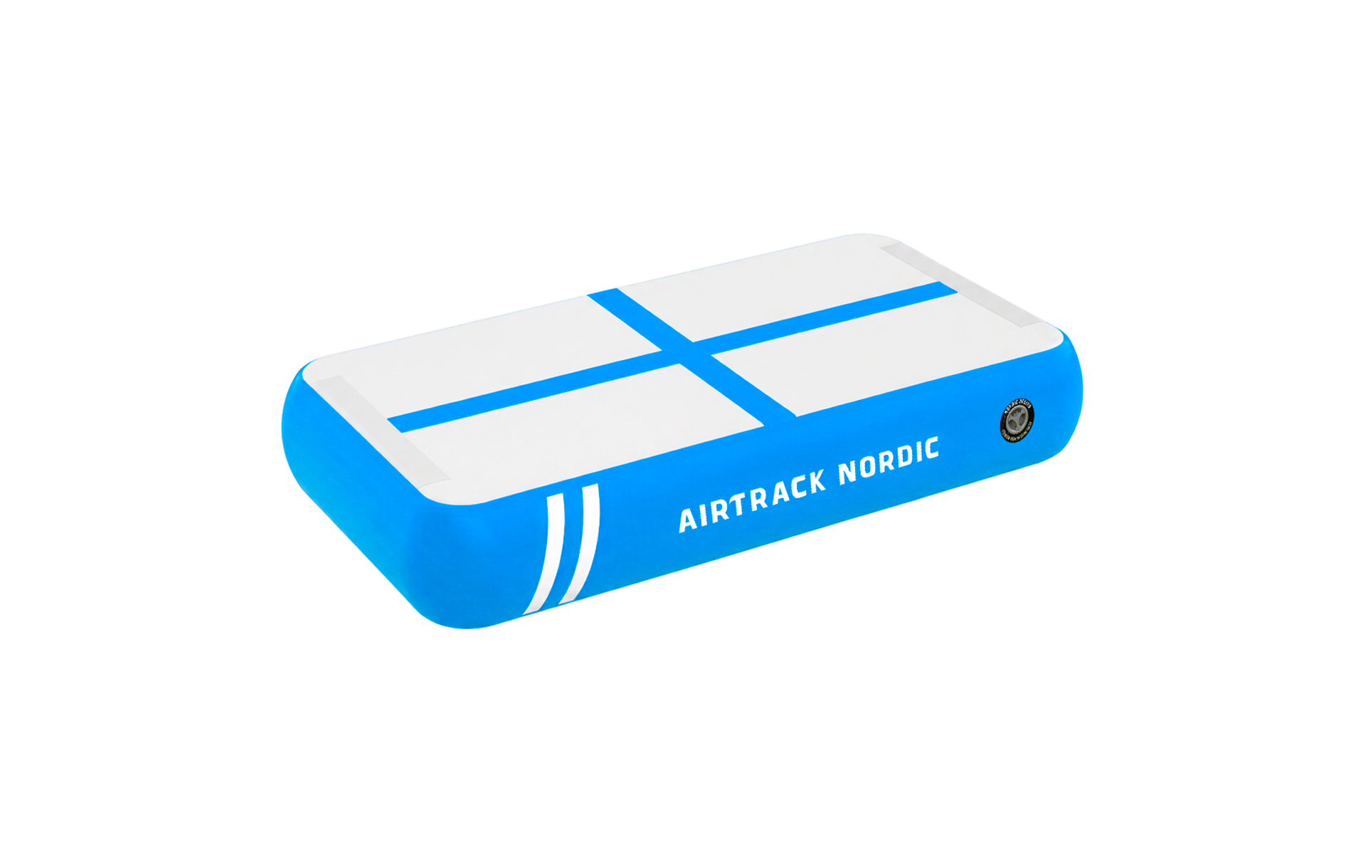 Niebieski tor powietrzny z białym blatem i niebieskimi liniami, napis 'AIRTRACK NORDIC'.
