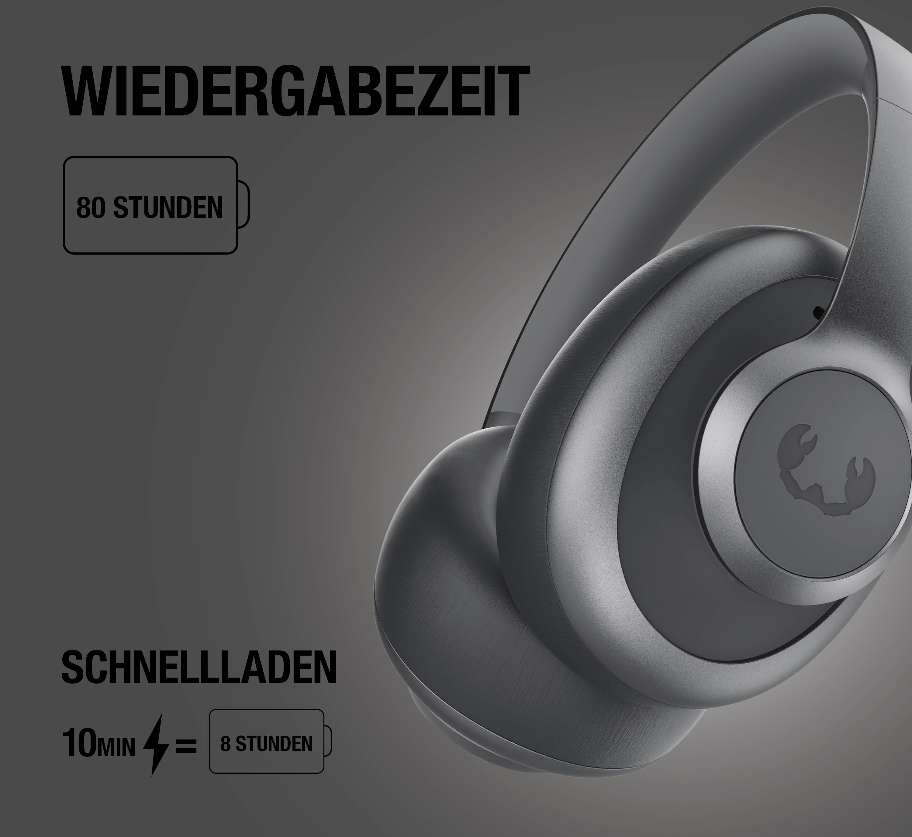 Graue Kopfhörer mit 80h Wiedergabezeit und Schnellladefunktion.