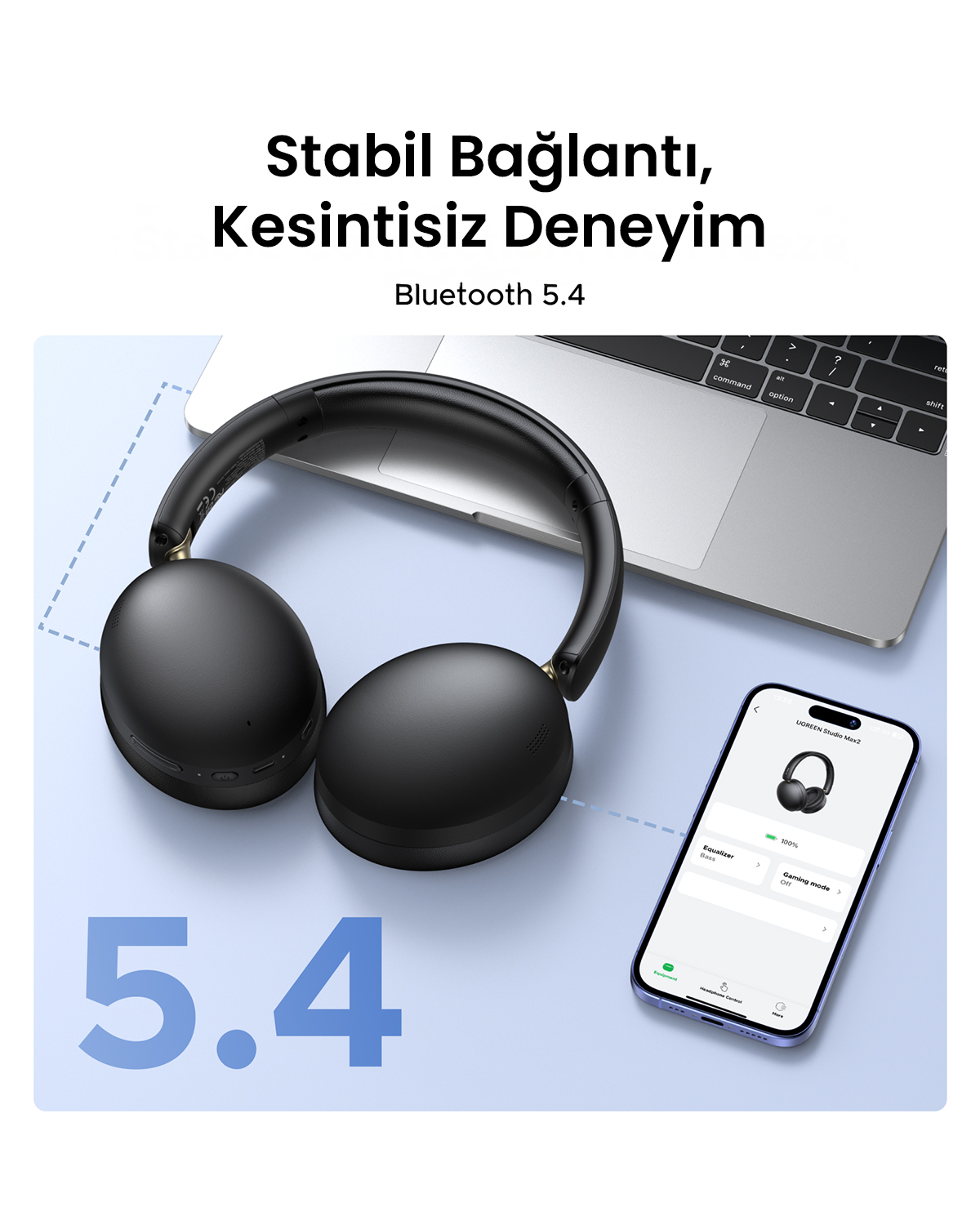 Cuffie nere accanto a un laptop e uno smartphone con Bluetooth 5.4.