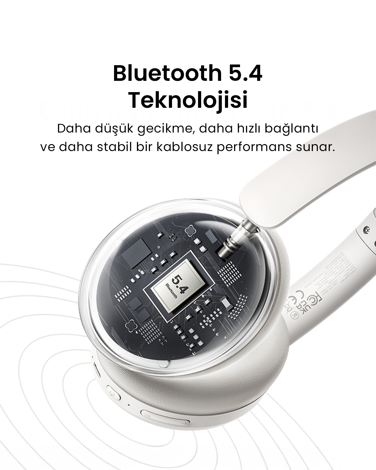 Cuffie bianche mostrano un circuito Bluetooth 5.4.