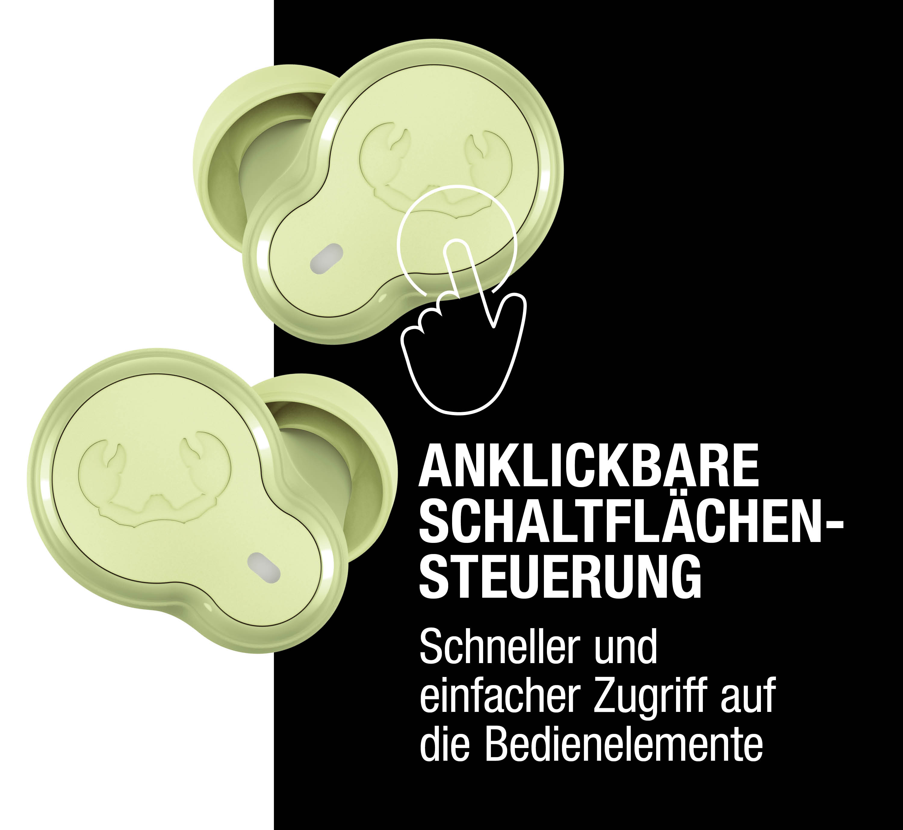 Hellgrüne Kopfhörer mit Krabbe-Symbol und Touch-Steuerung.