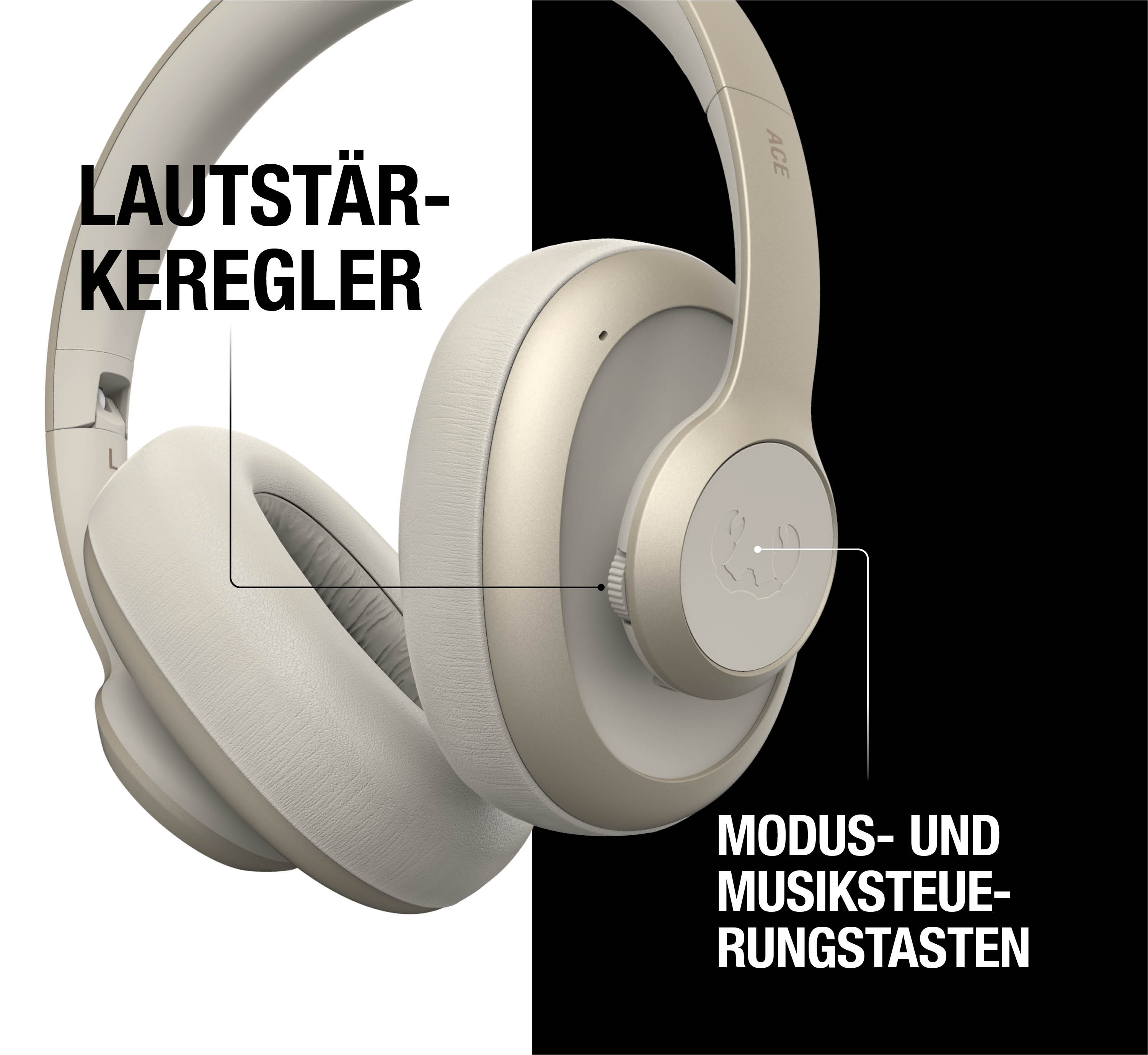 Casque beige avec contrôle du volume et boutons de contrôle de musique.