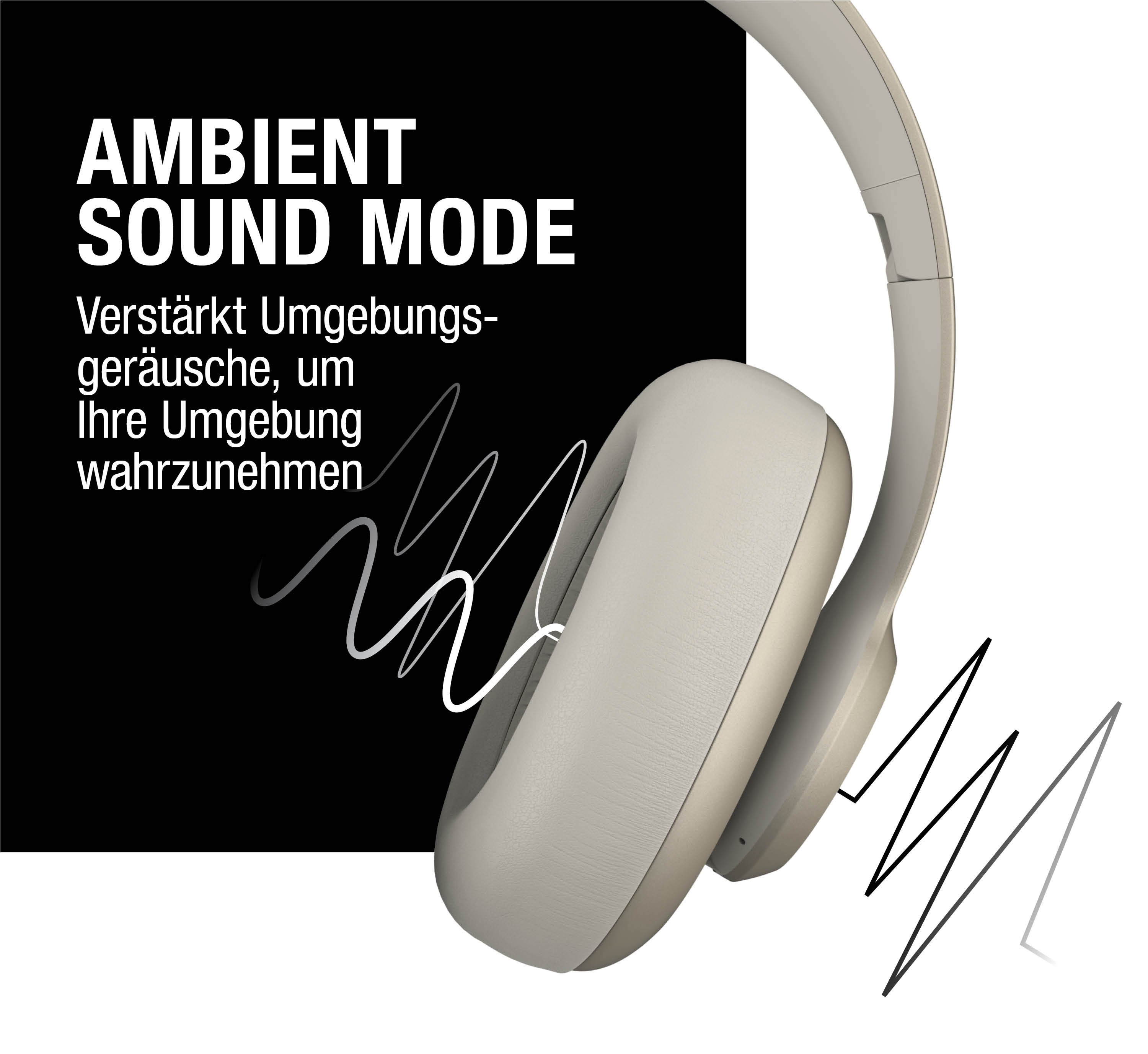 Un casque beige sur fond noir et blanc avec des lignes ondulées.