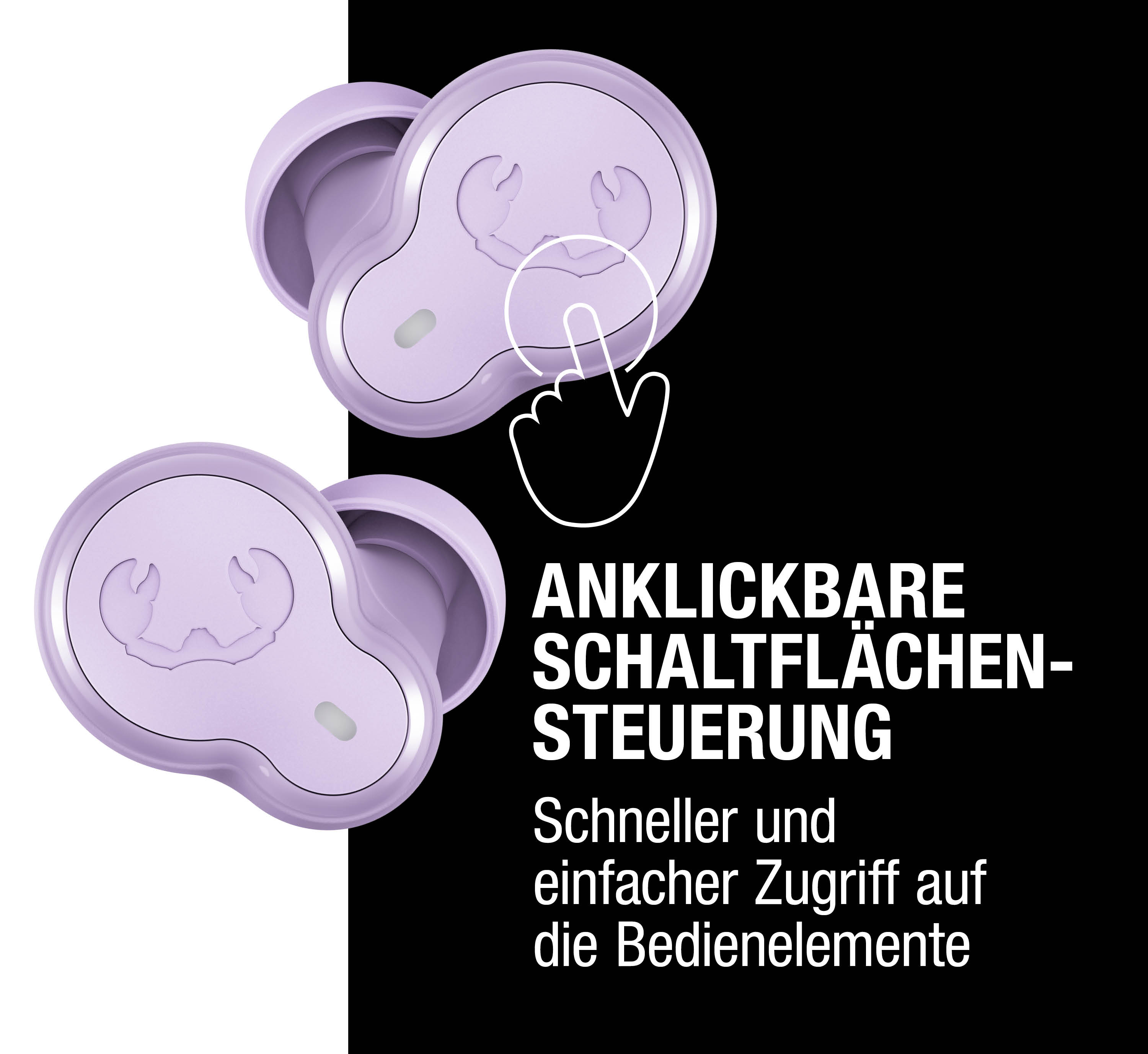 Lavendelfarbene Ohrhörer mit Touch-Steuerung und einem Finger, der auf den Touch-Bereich zeigt.