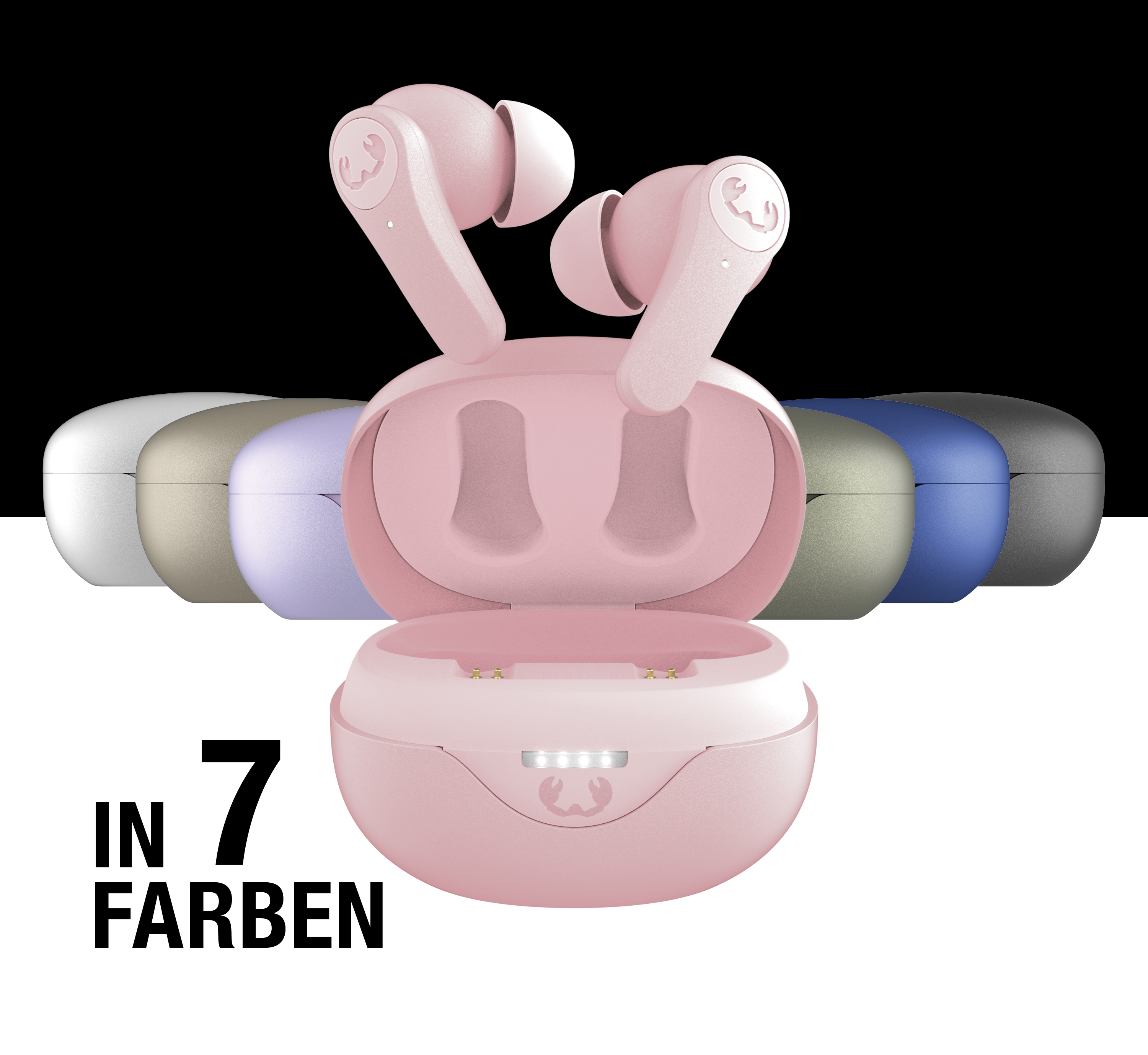 Ein rosafarbener Kopfhörer-Ladekoffer mit Ohrhörern, daneben sechs weitere Koffer in verschiedenen Farben.