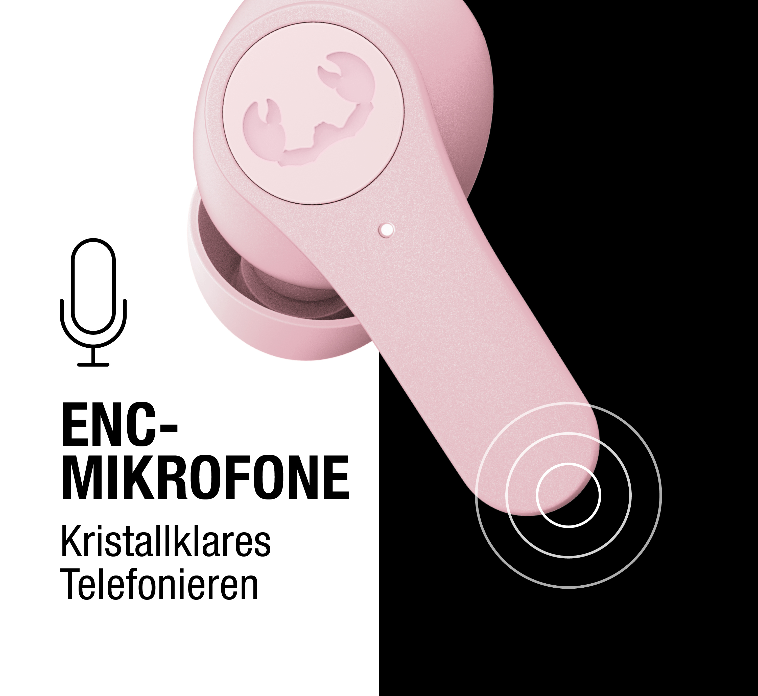Ein rosafarbener Kopfhörer mit Mikrofon-Symbol und Text.