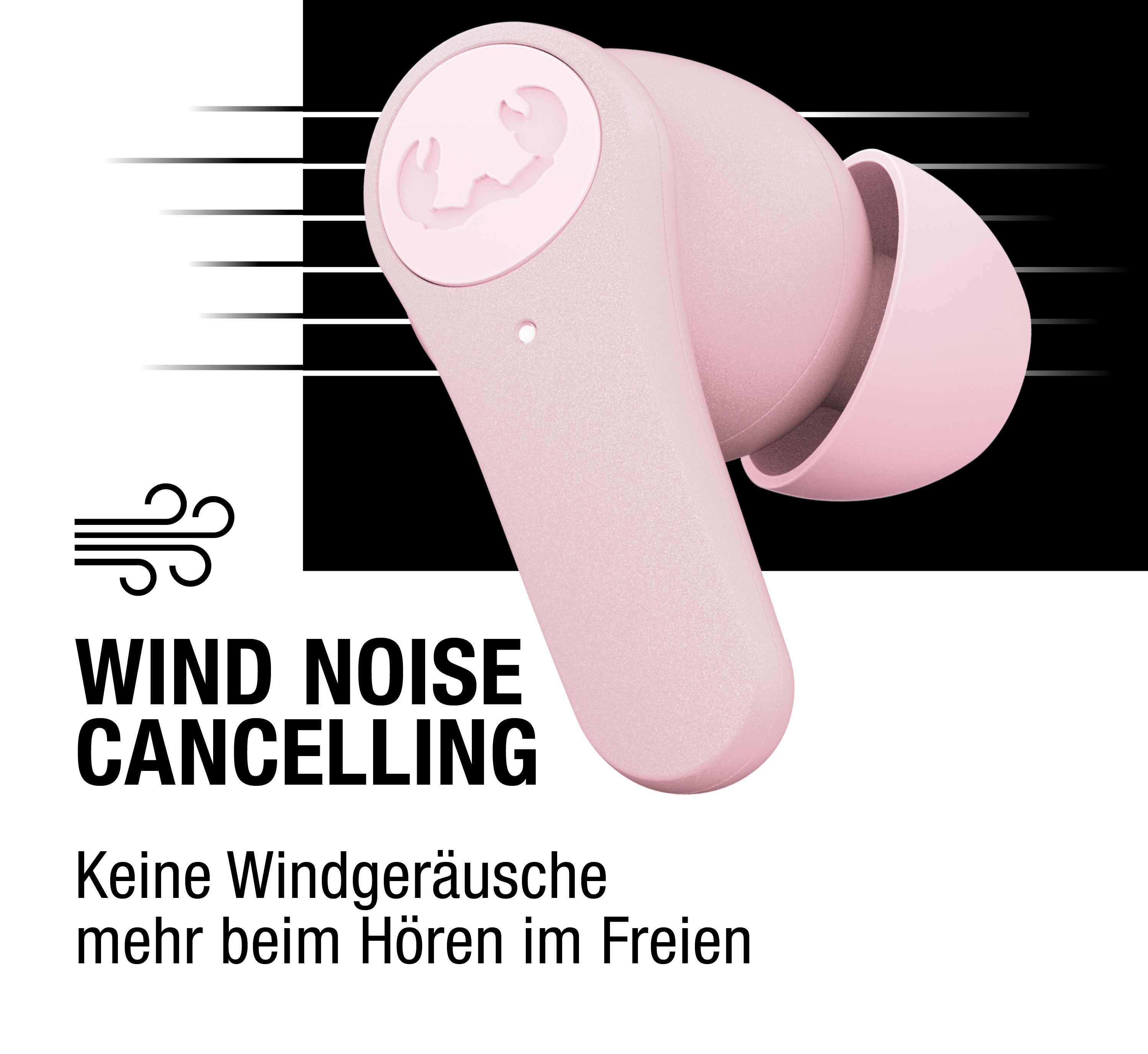 Rosa kabelloser Ohrhörer mit Grafik und Text zur Windgeräuschunterdrückung.