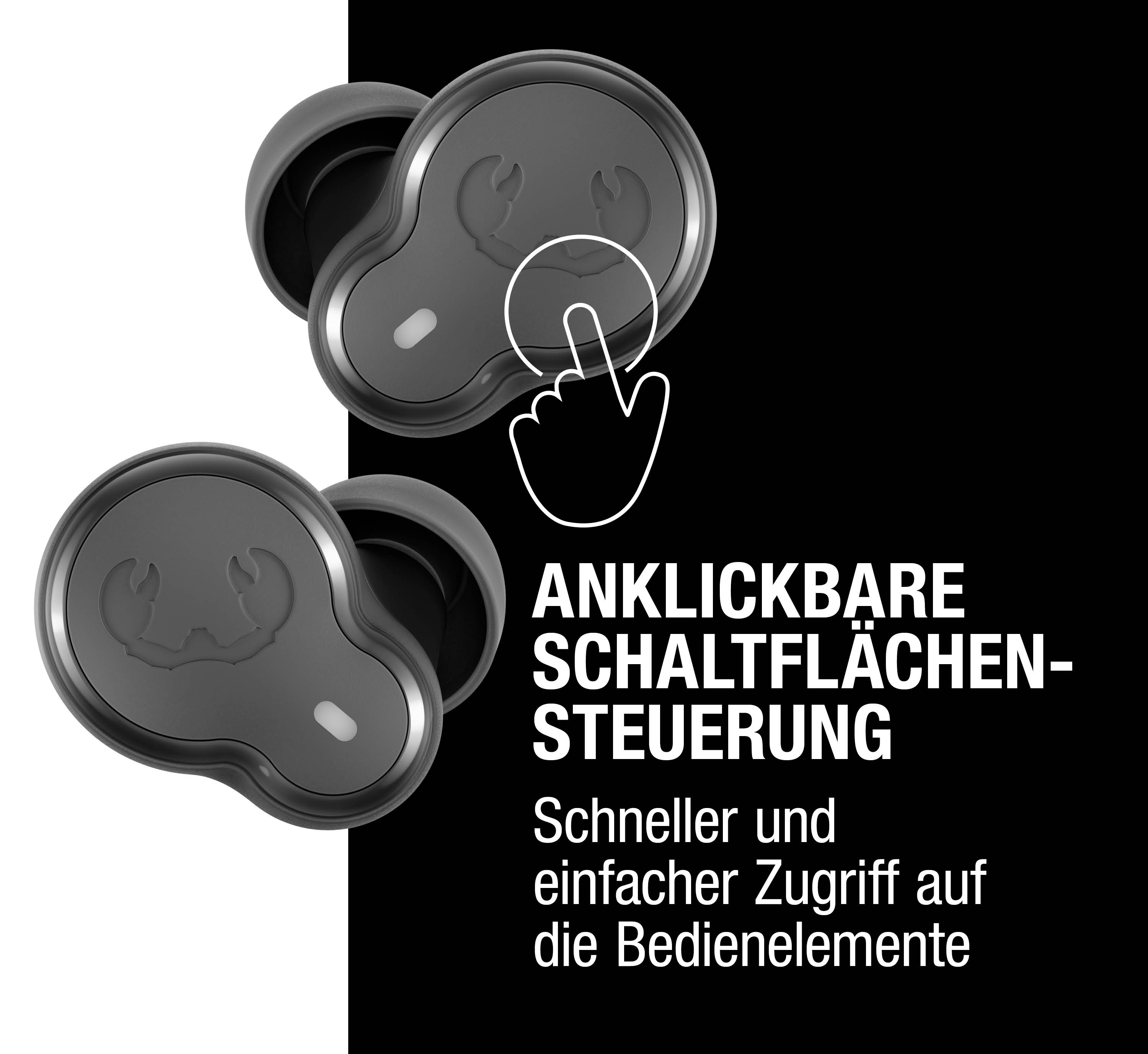 Graue Kopfhörer mit Krabbenlogo. Tipp-Symbol. Anklickbare Steuerung.