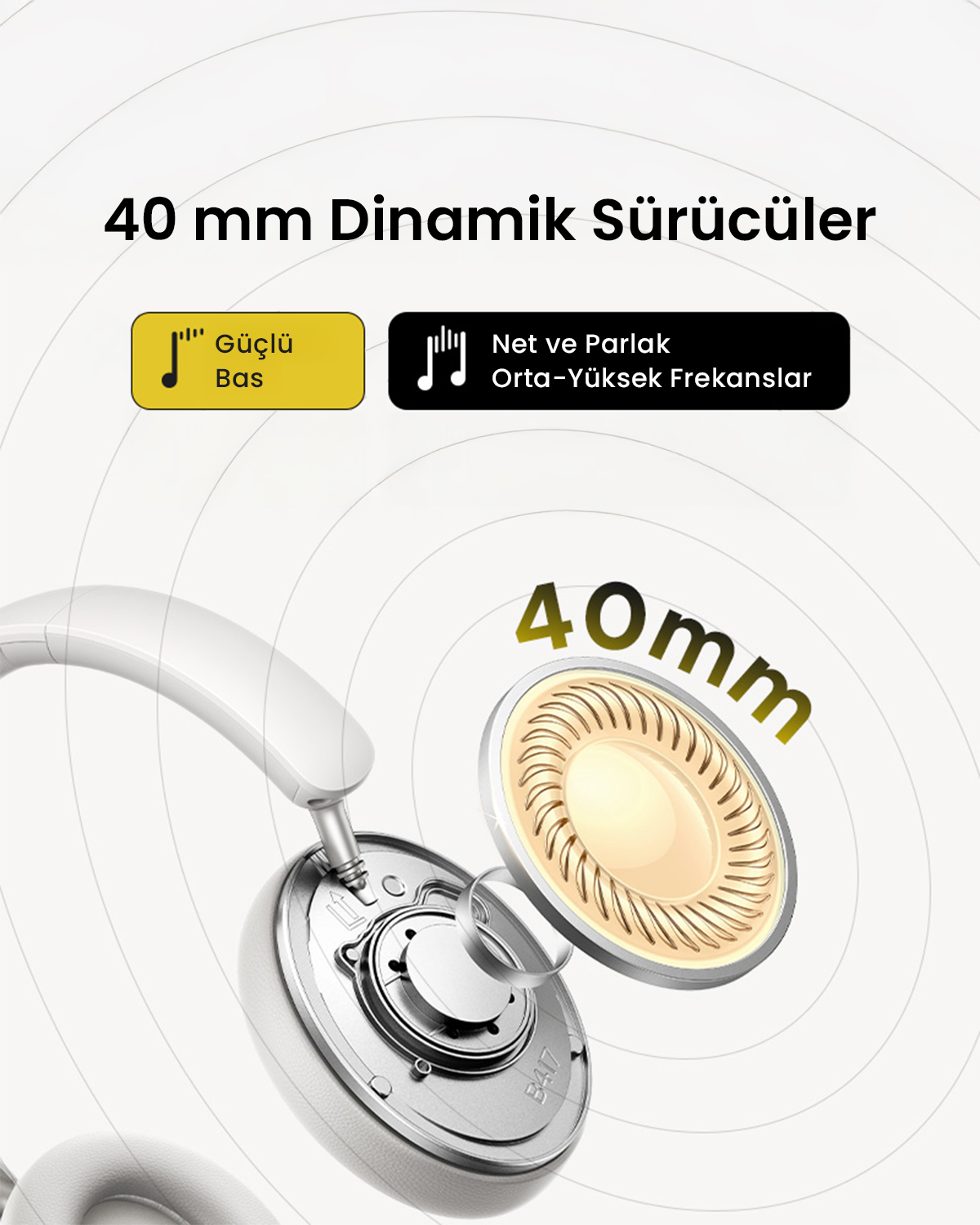 Primo piano di un driver per cuffie da 40 mm, che evidenzia bassi potenti e suono chiaro.