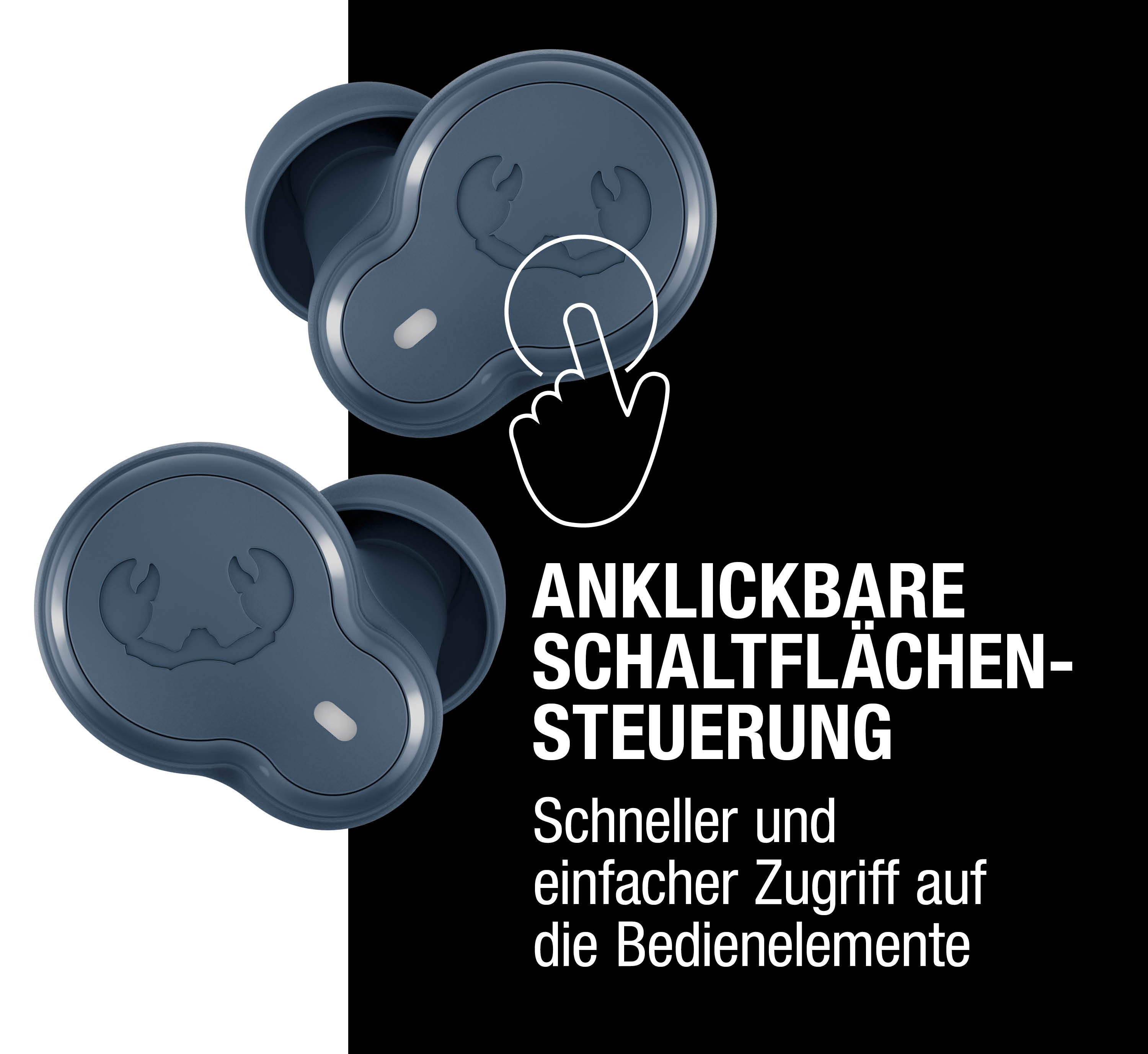 Blaue Ohrhörer mit Klicksteuerung und einer Handgeste.