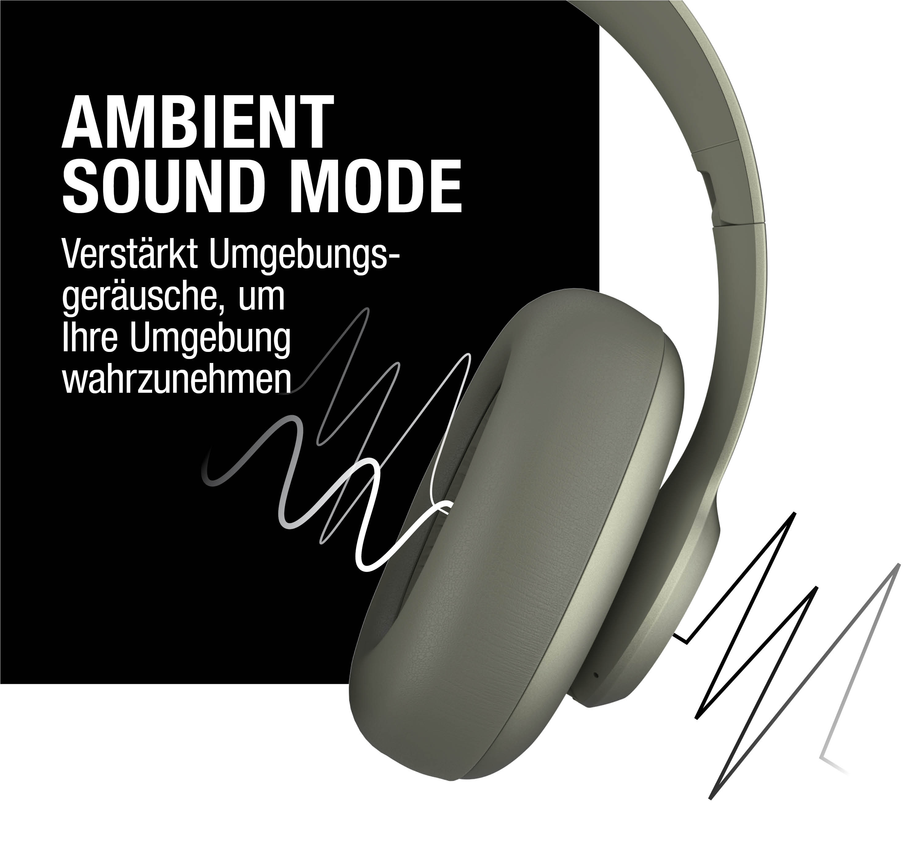 Graue Kopfhörer mit Ambient Sound Mode Text auf Schwarz.