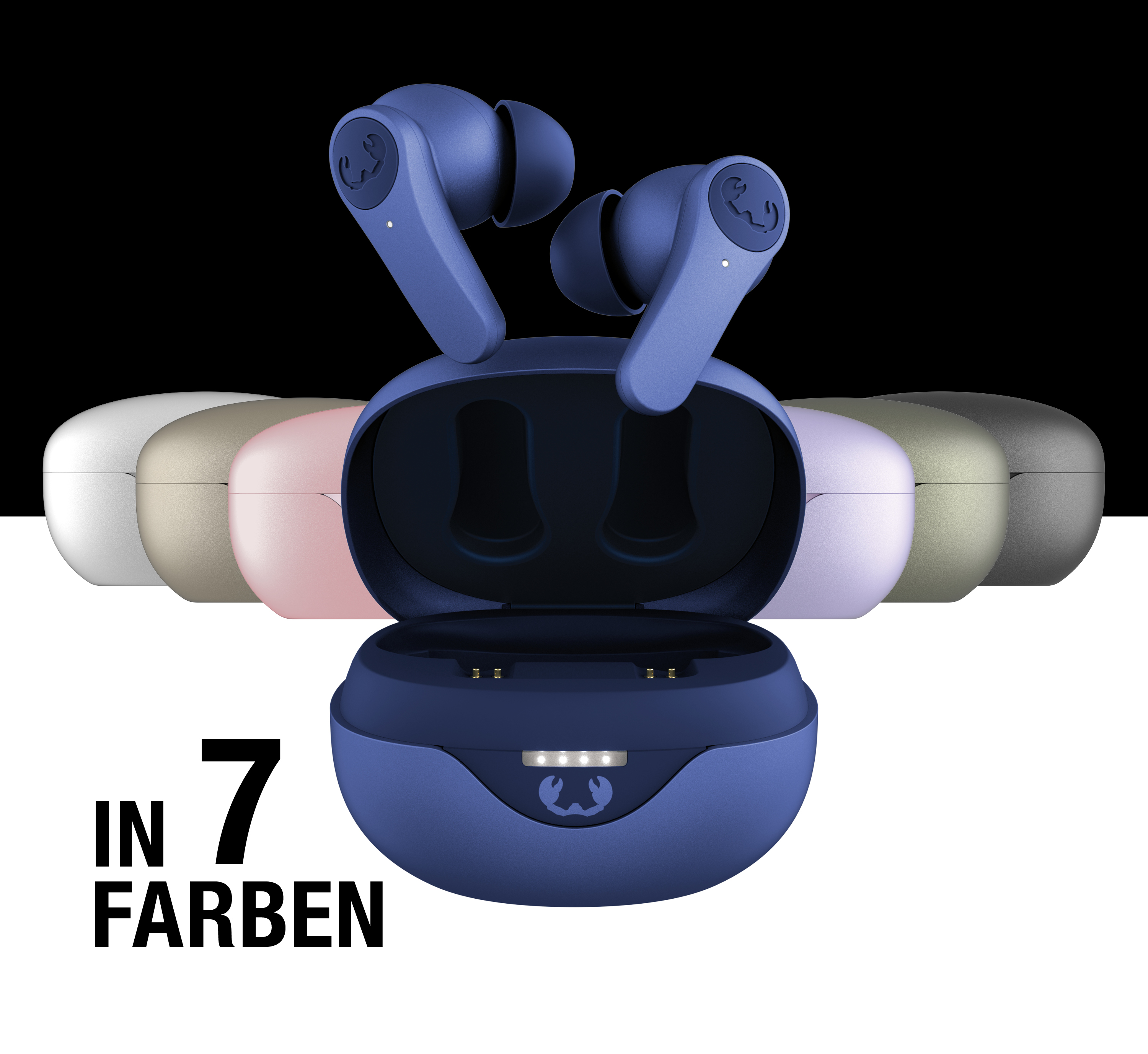 Blaue kabellose Ohrhörer in einer geöffneten Ladebox, daneben sechs weitere Boxen in verschiedenen Farben.