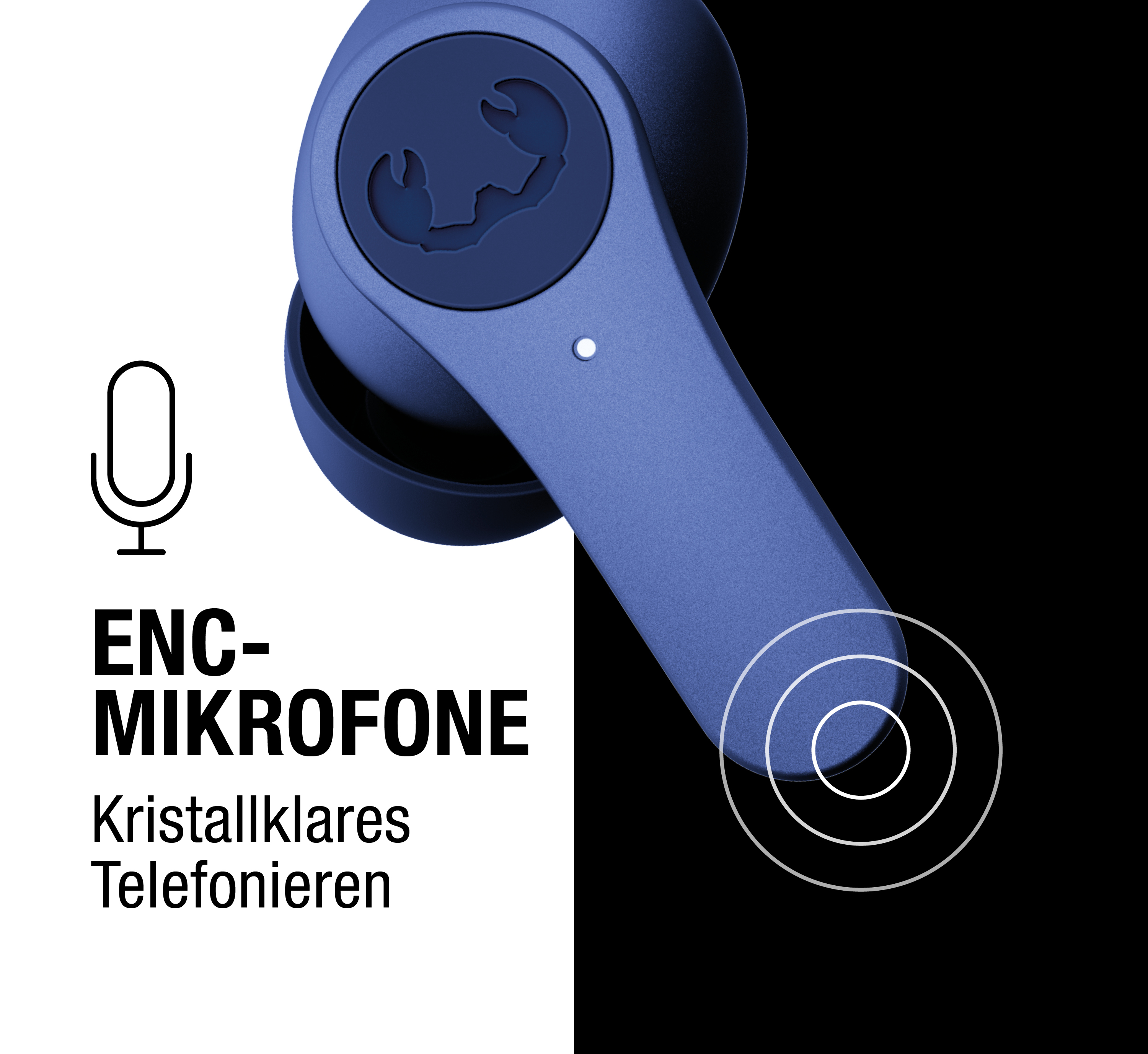 Blaue Kopfhörer mit einem Mikrofon-Symbol und Text.