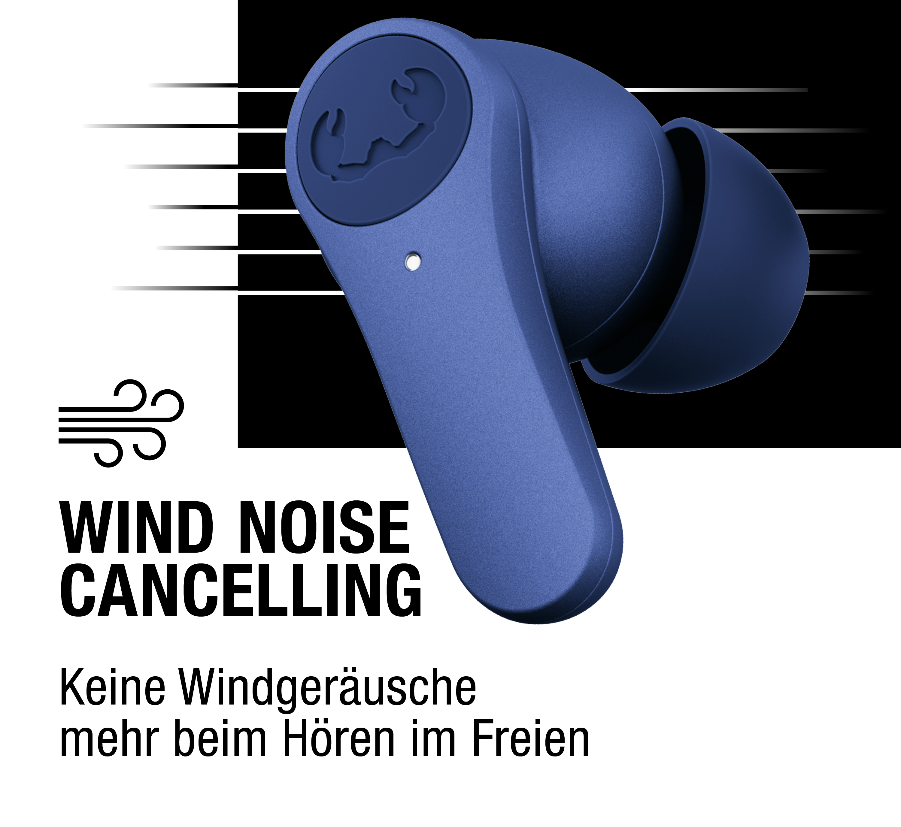 Blaue Ohrhörer mit Windgeräuschunterdrückung und Logo.