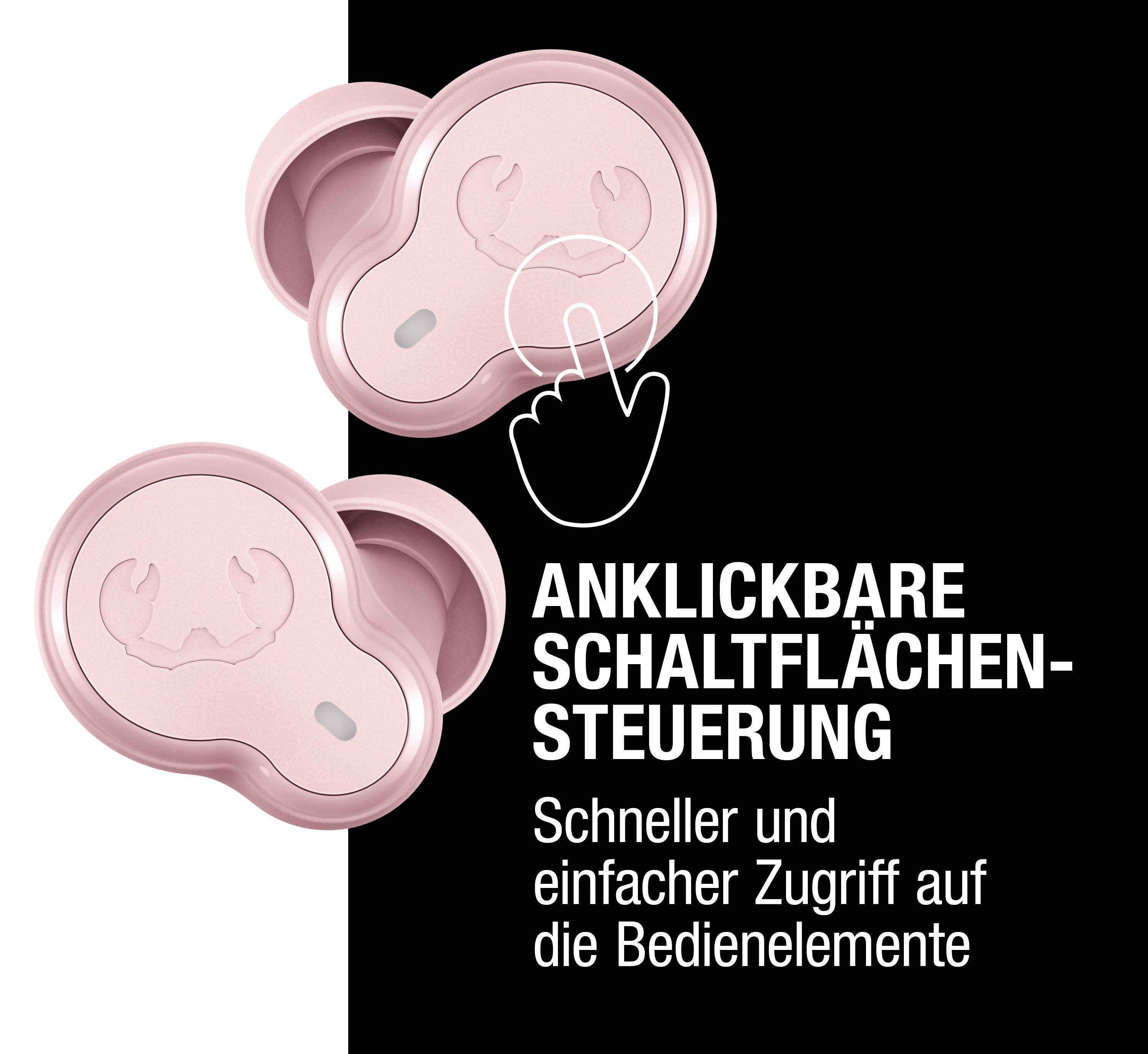 Zwei rosa kabellose Ohrhörer mit einem Krebs-Logo. Text über Touch-Steuerung.