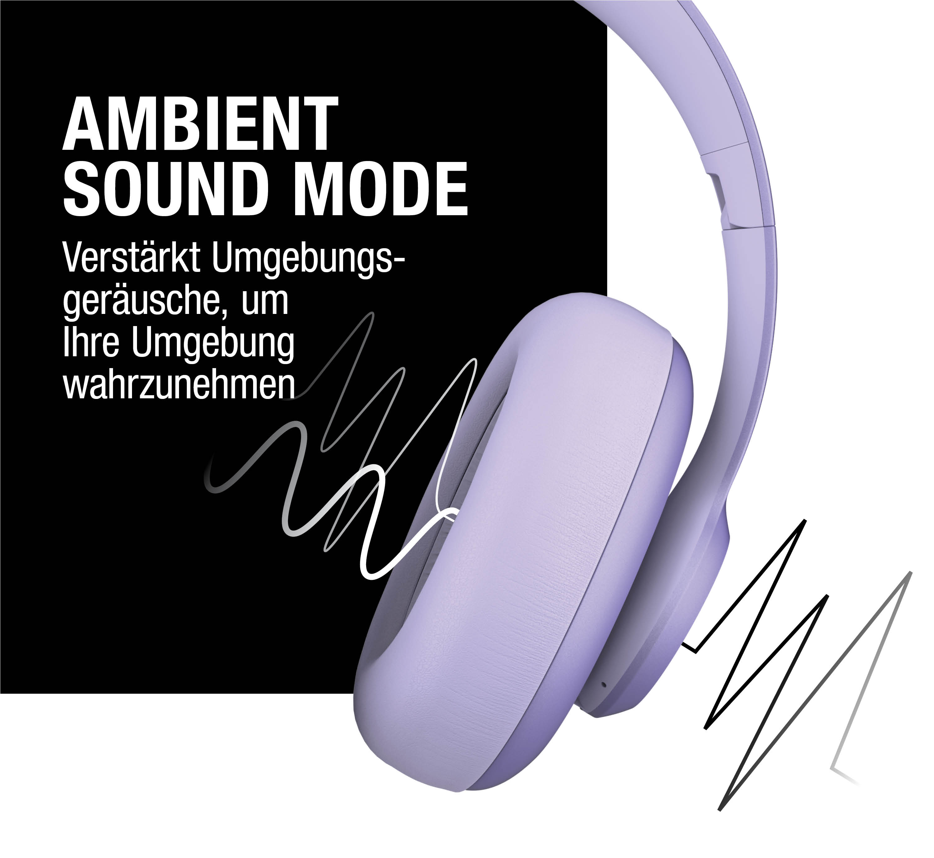 Lila Kopfhörer mit Text 'AMBIENT SOUND MODE' und Wellenlinien.