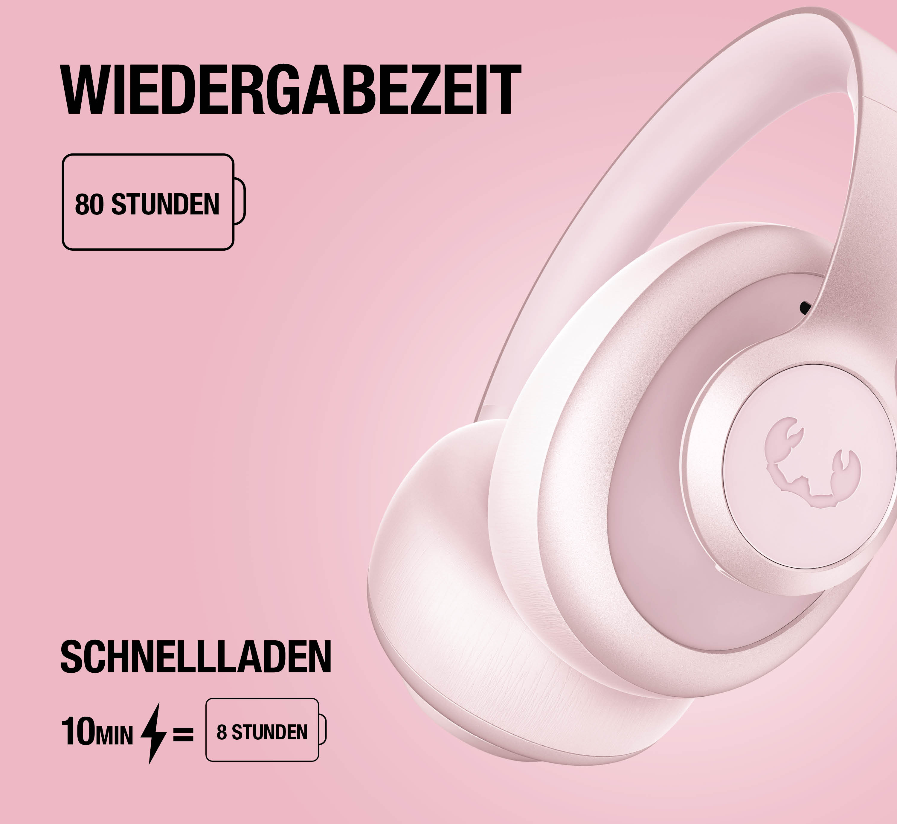 Rosa Kopfhörer mit Text über Wiedergabe- und Schnellladezeit.