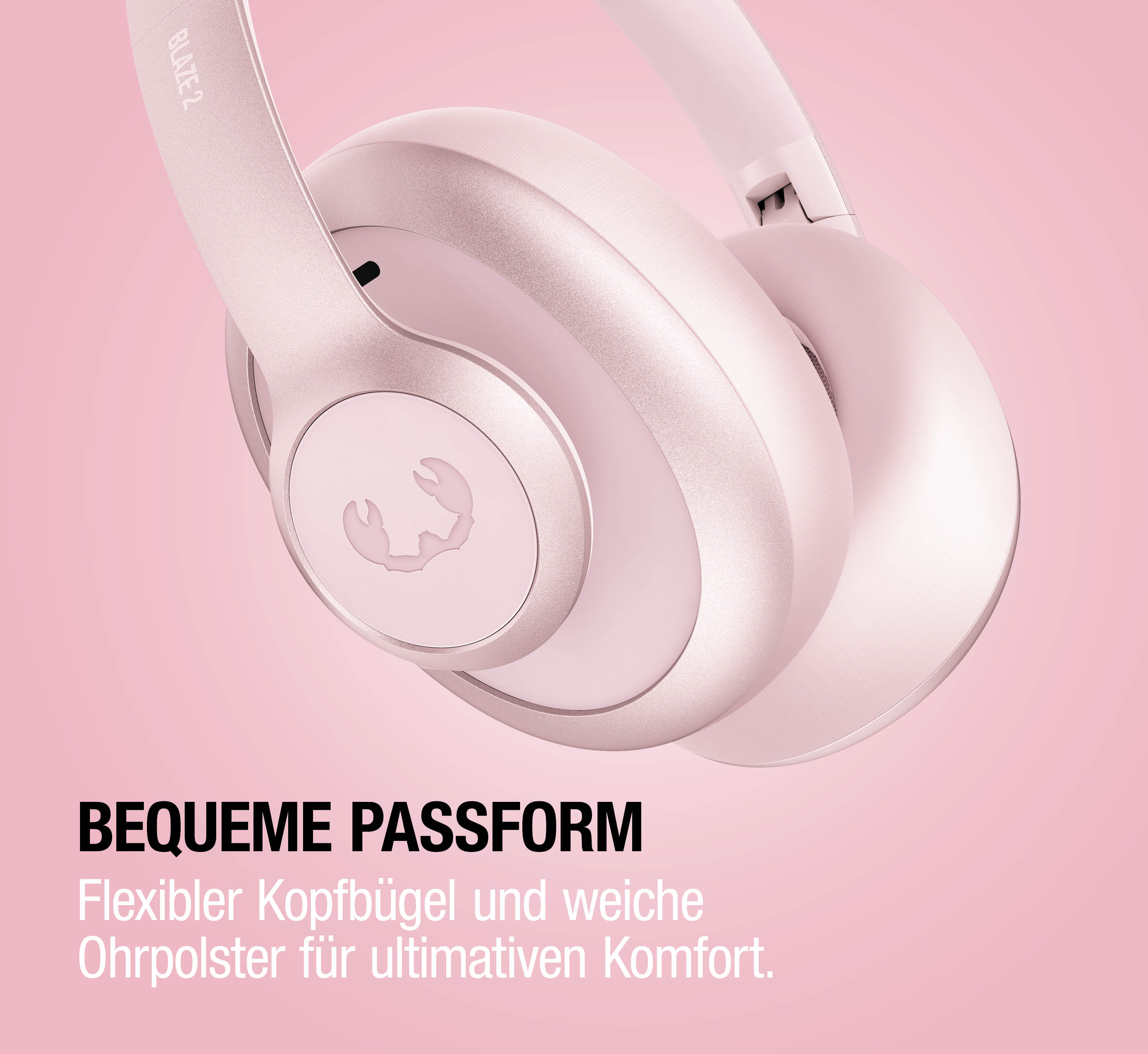 Rosa Kopfhörer mit Logo, auf rosa Hintergrund.