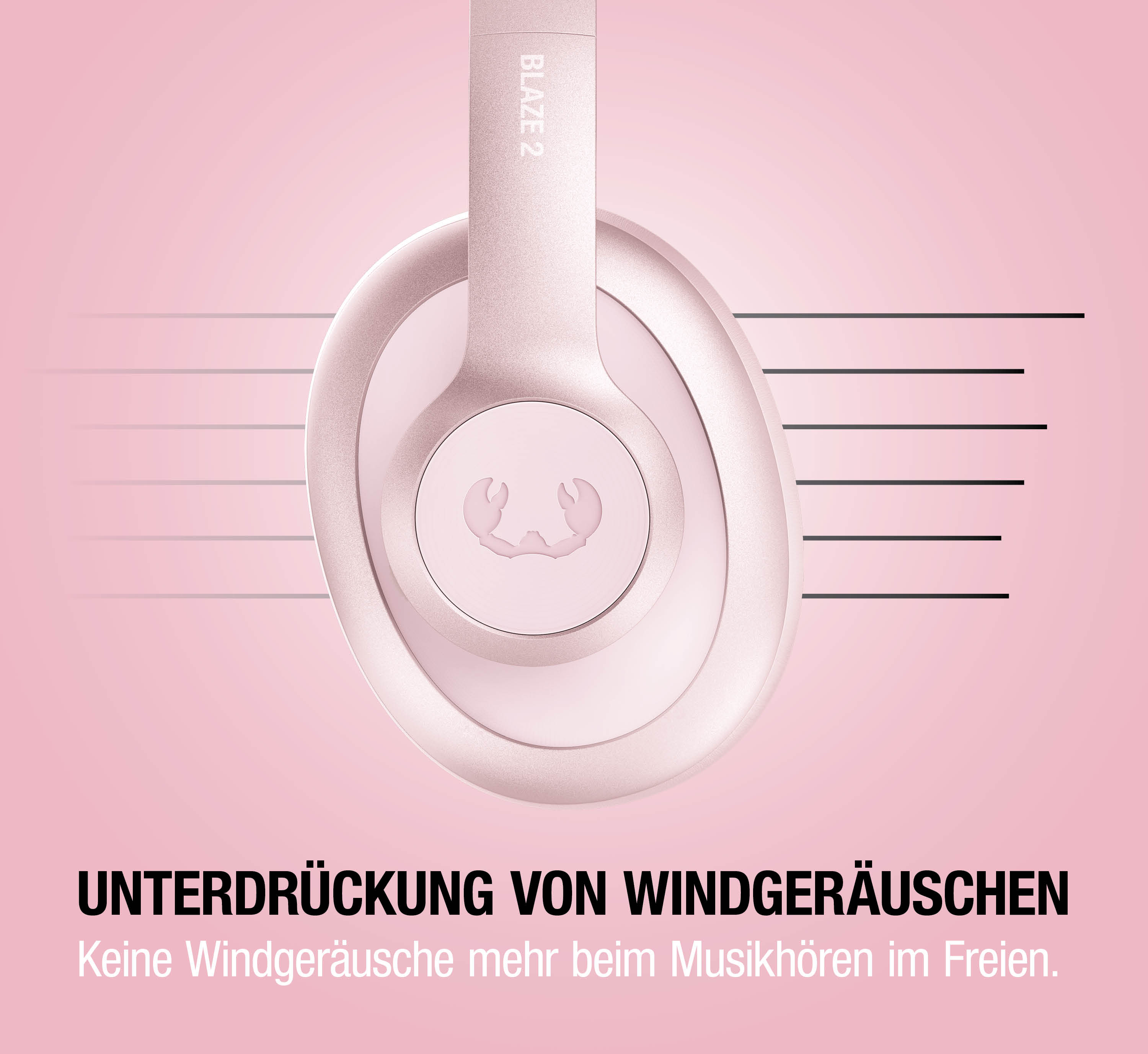 Ein rosa Kopfhörer mit dem Schriftzug BLAZE 2 und einem Krabbensymbol.
