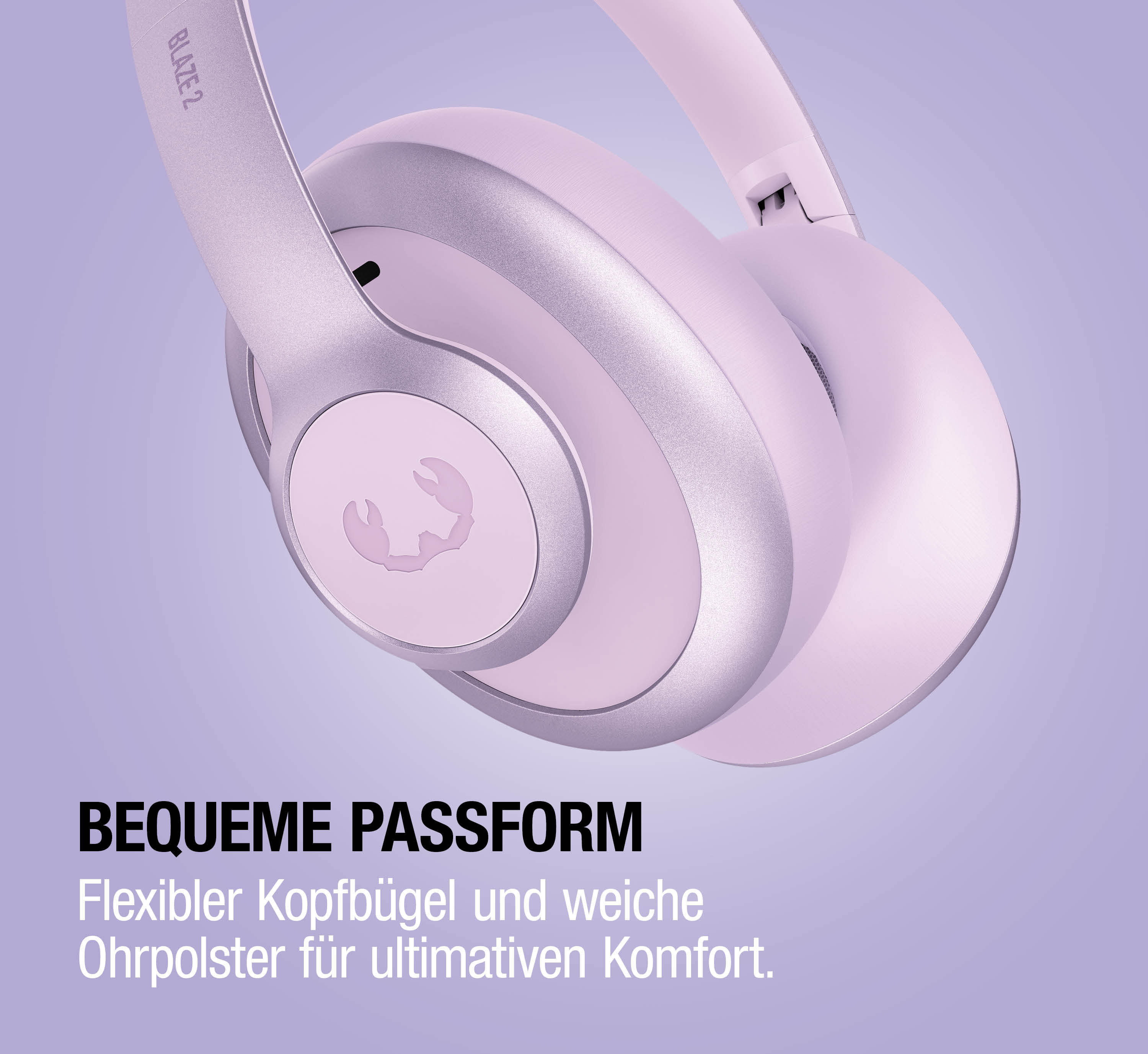 Lavendelfarbene Kopfhörer mit silbernen Akzenten und Logo auf fliederfarbenem Hintergrund.