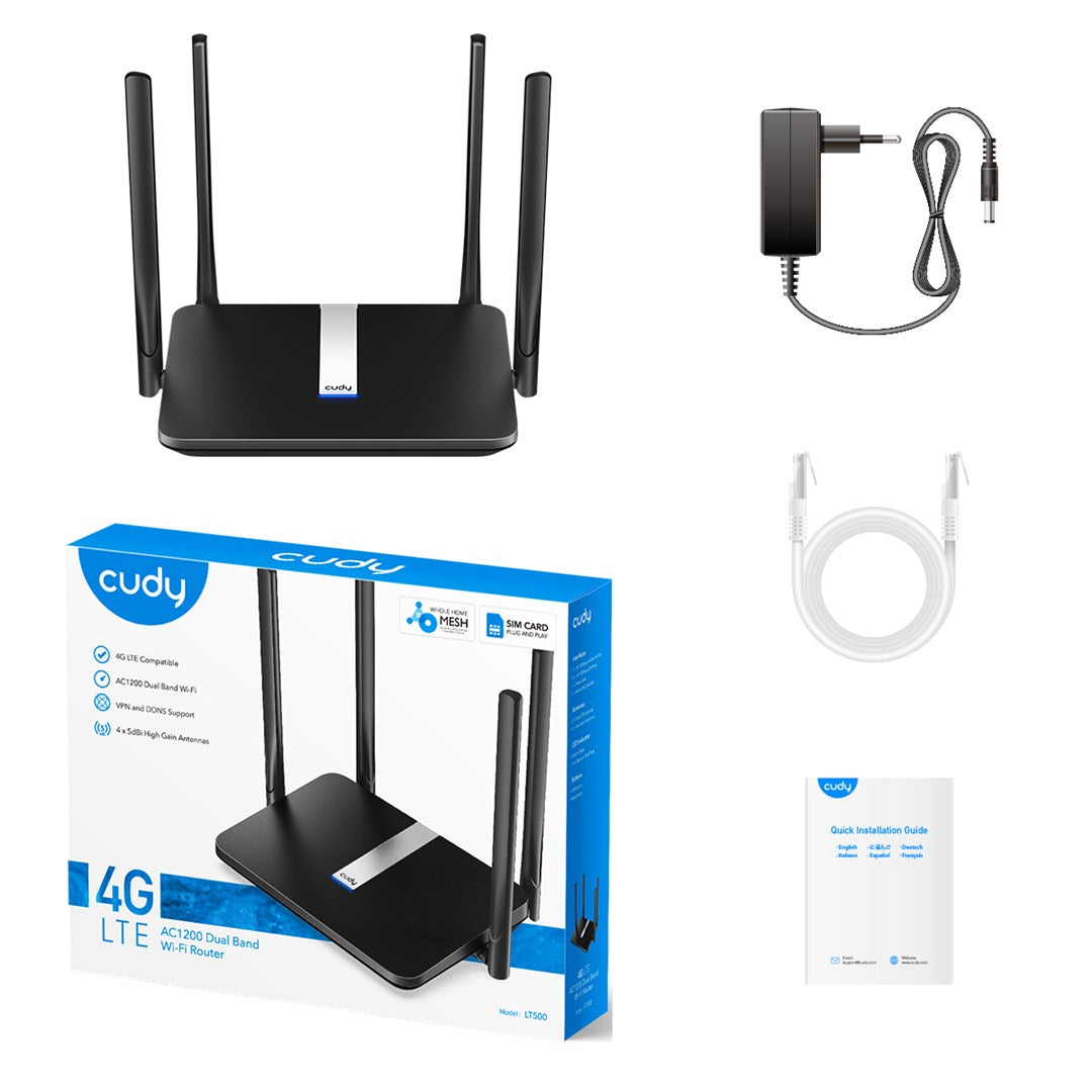 Un routeur Wi-Fi Cudy 4G LTE noir avec quatre antennes, adaptateur secteur, câble réseau et guide.