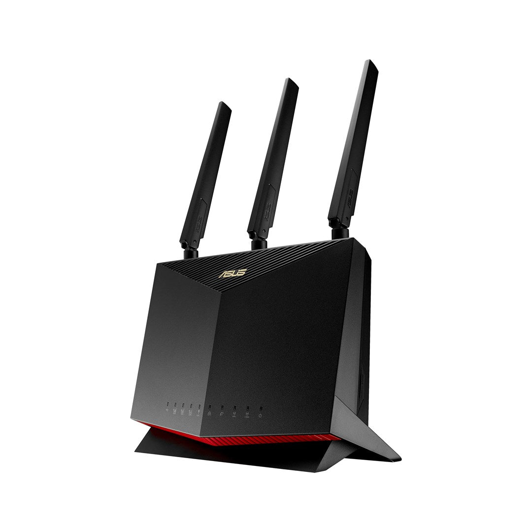 Schwarzer Asus Router mit drei Antennen und roten Akzenten.