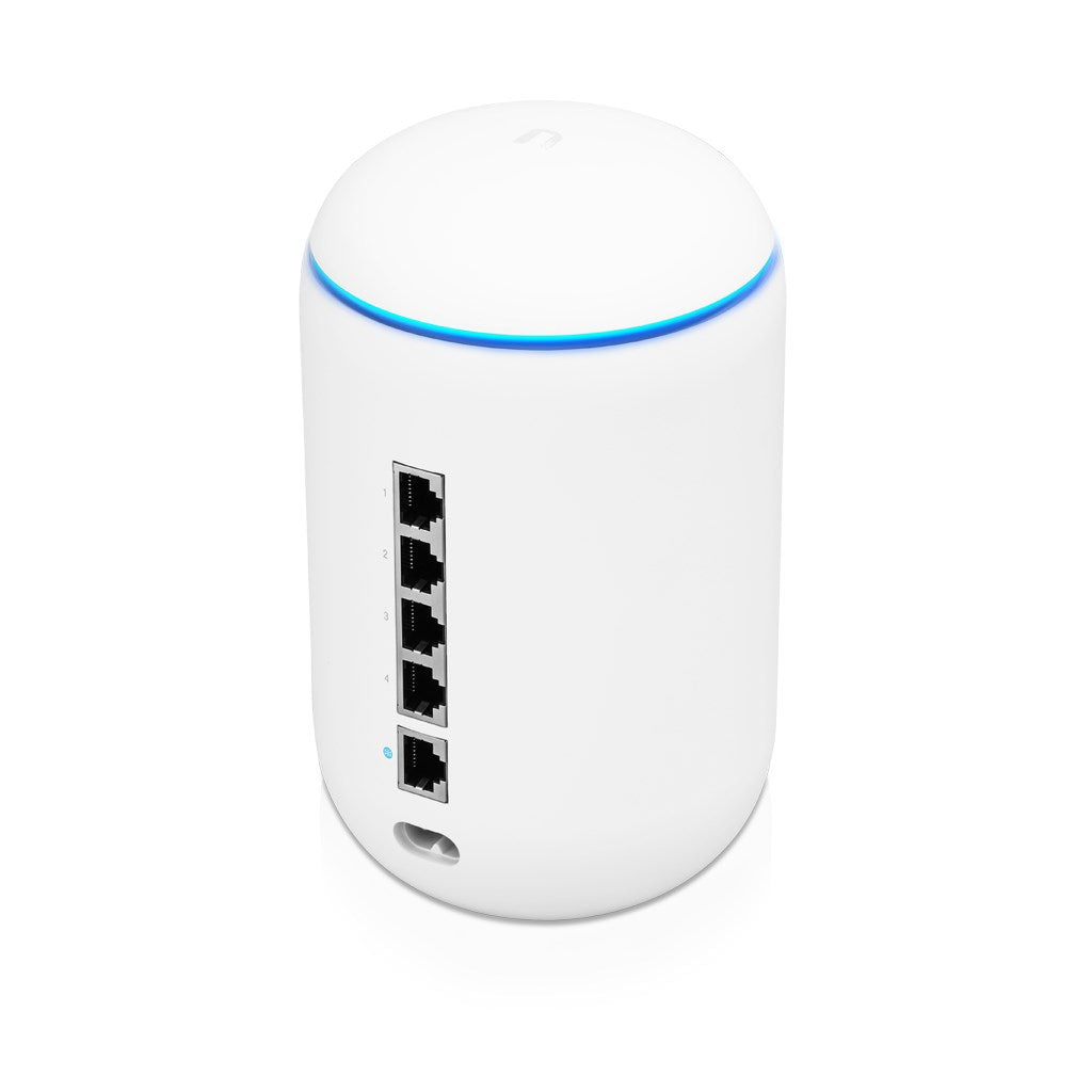 Un router bianco e cilindrico con 4 porte Ethernet e una striscia LED blu.