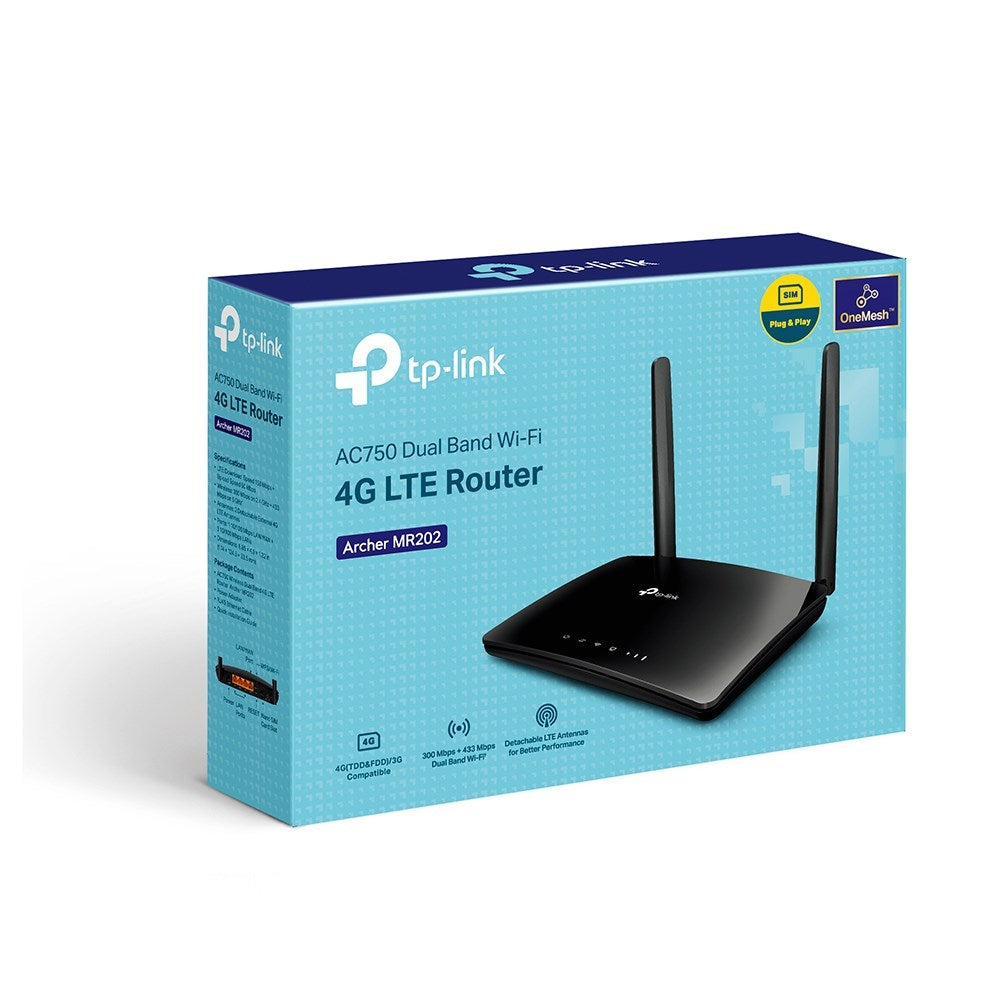 TP-Link 4G LTE Router Archer MR202 in doos, met twee antennes.