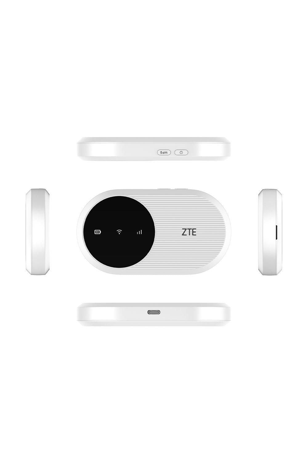 Biały hotspot Wi-Fi ZTE z okrągłym wyświetlaczem pokazującym ikony i sygnał.