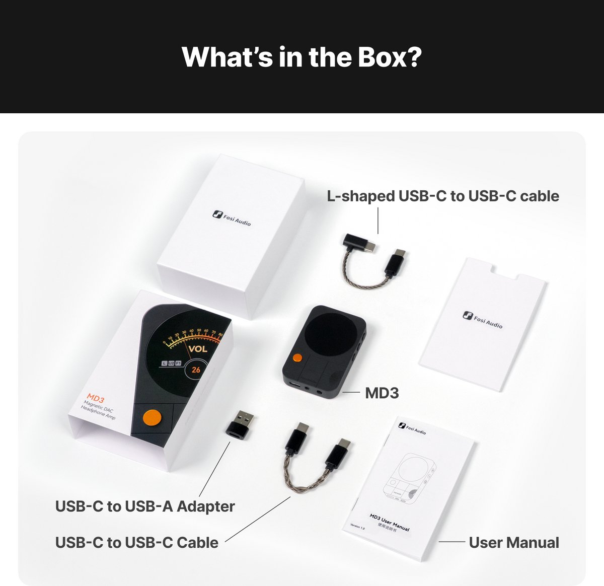 Contenu de la boîte : MD3, 2 câbles USB, adaptateur et manuel.