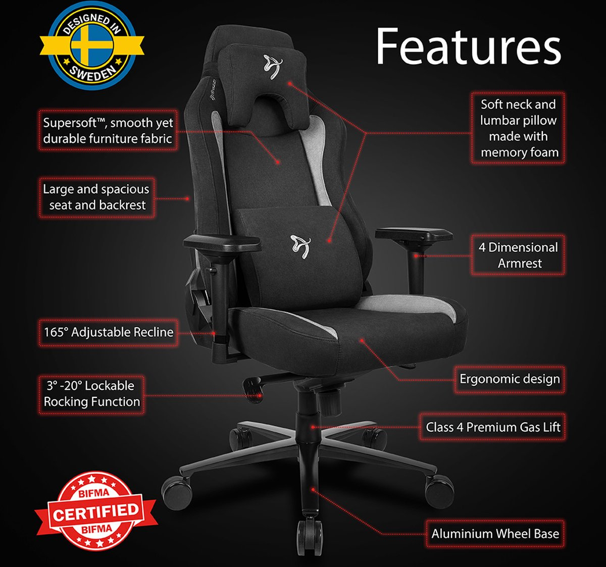 Schwarzer ergonomischer Gaming-Stuhl mit Funktionen wie verstellbarer Rückenlehne und Lendenkissen.