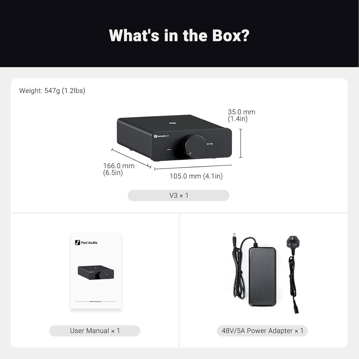 Contenu de la boîte : Fosi Audio V3, manuel d'utilisation et adaptateur d'alimentation 48V/5A.