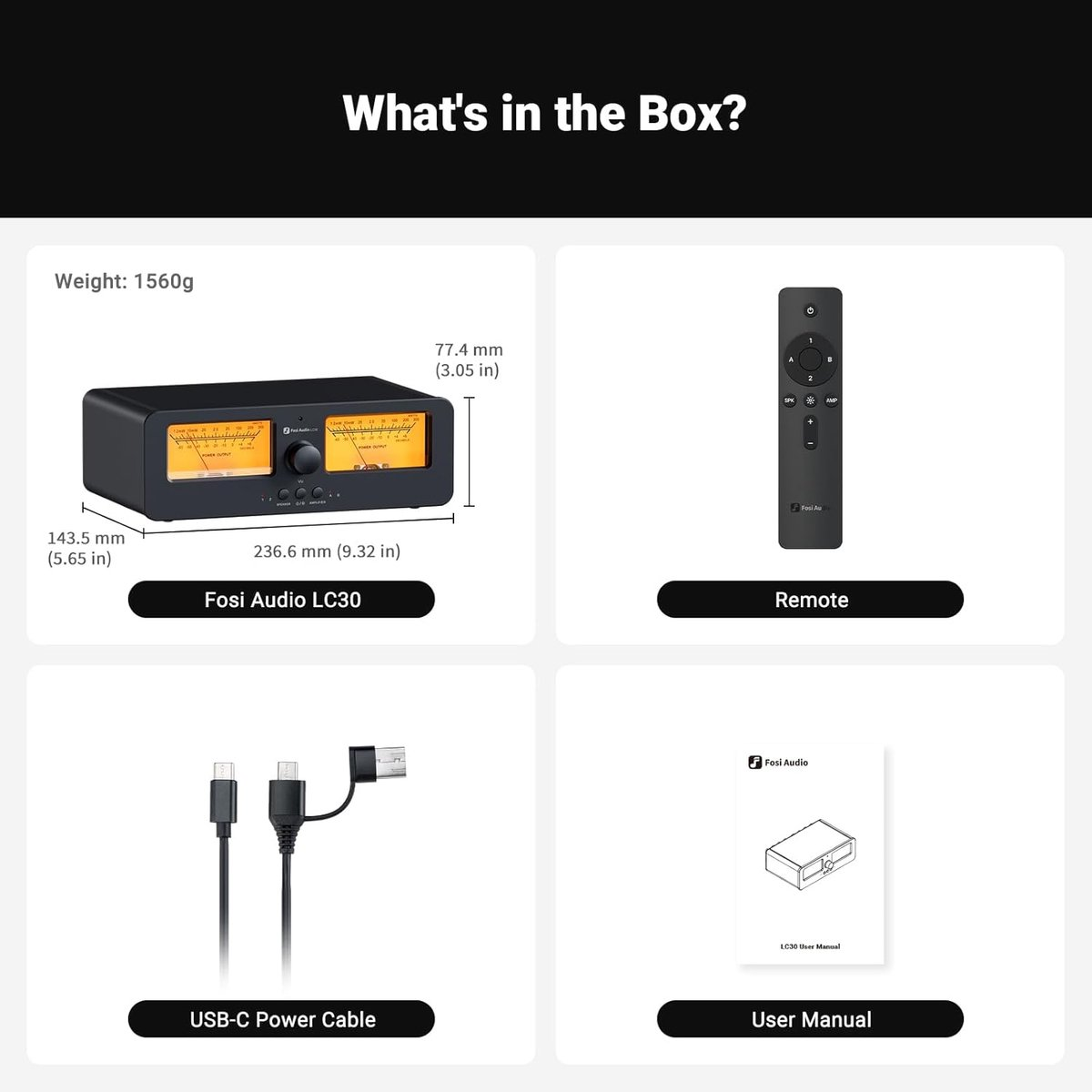 Contenu de la boîte : Fosi Audio LC30, télécommande, câble USB-C, manuel d'utilisation.