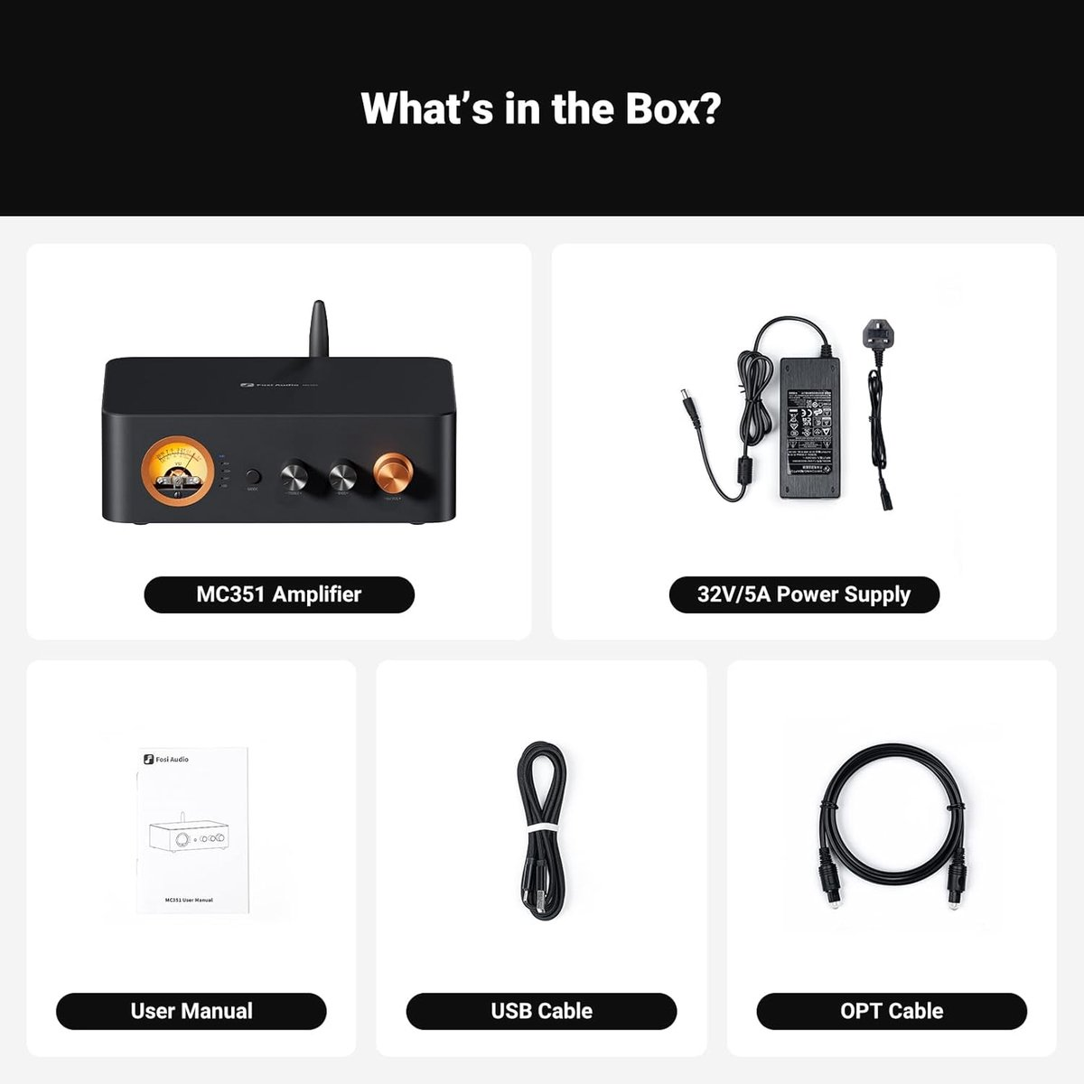 Contenu de la boîte : amplificateur, alimentation, manuel, câbles USB et OPT.