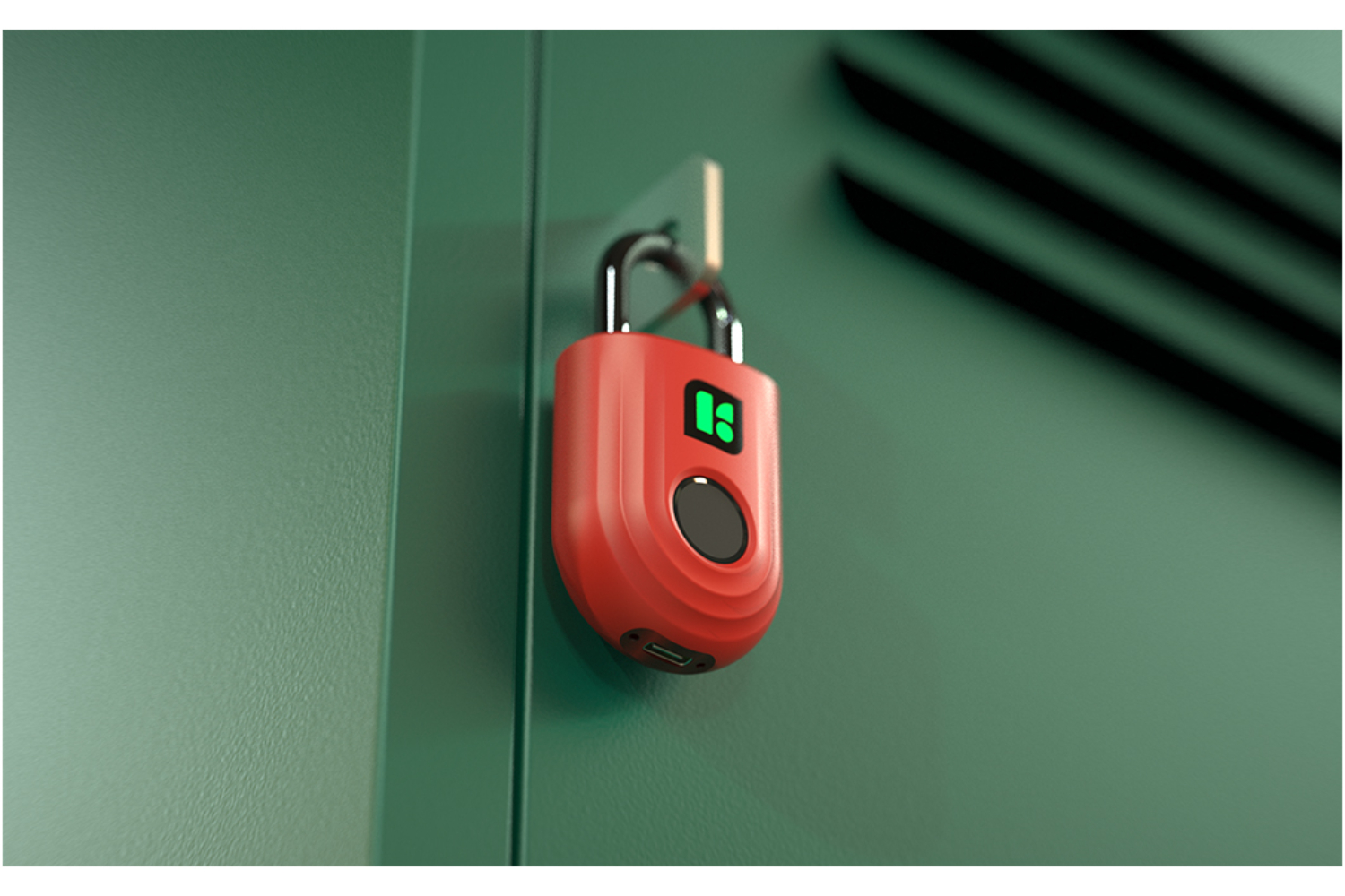 Ein rotes Smart-Schloss mit grünem Display hängt an einem grünen Schließfach.
