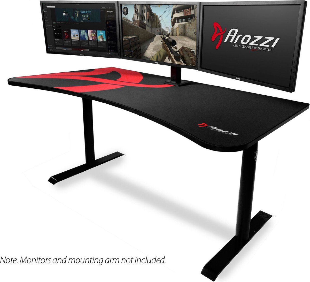 Ein schwarzer Schreibtisch mit drei Monitoren und rotem Muster. Hinweis: Monitore nicht enthalten.