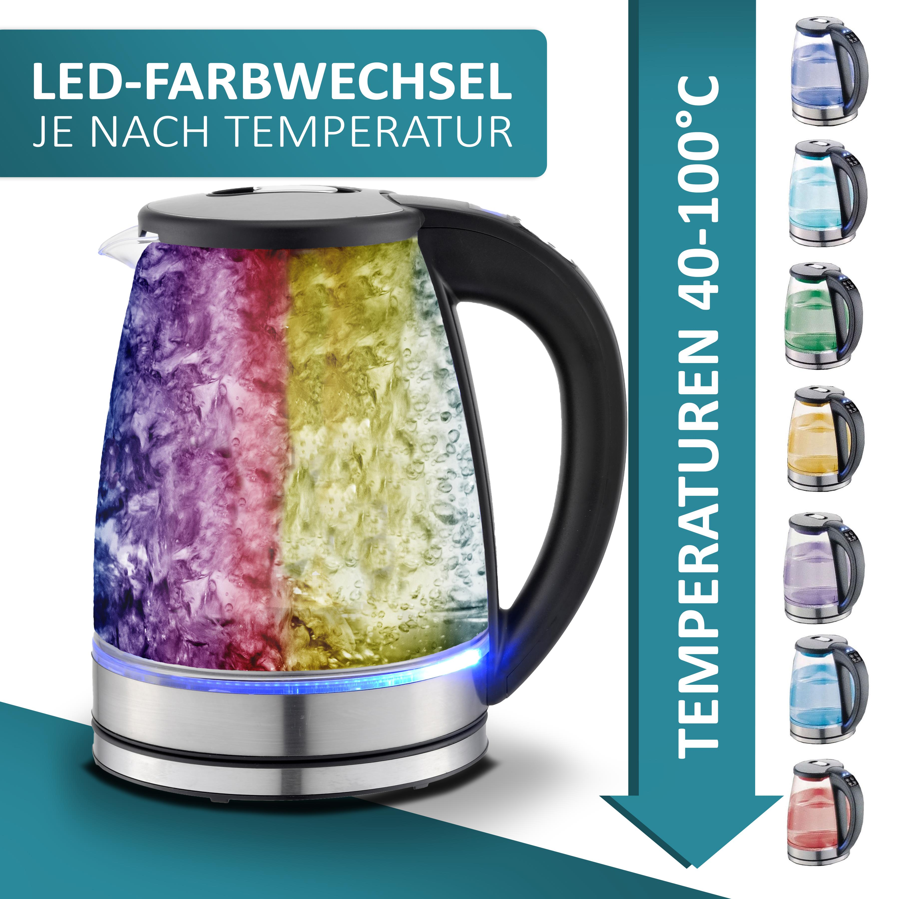 Un bollitore con illuminazione a LED che cambia colore per indicare la temperatura dell'acqua.