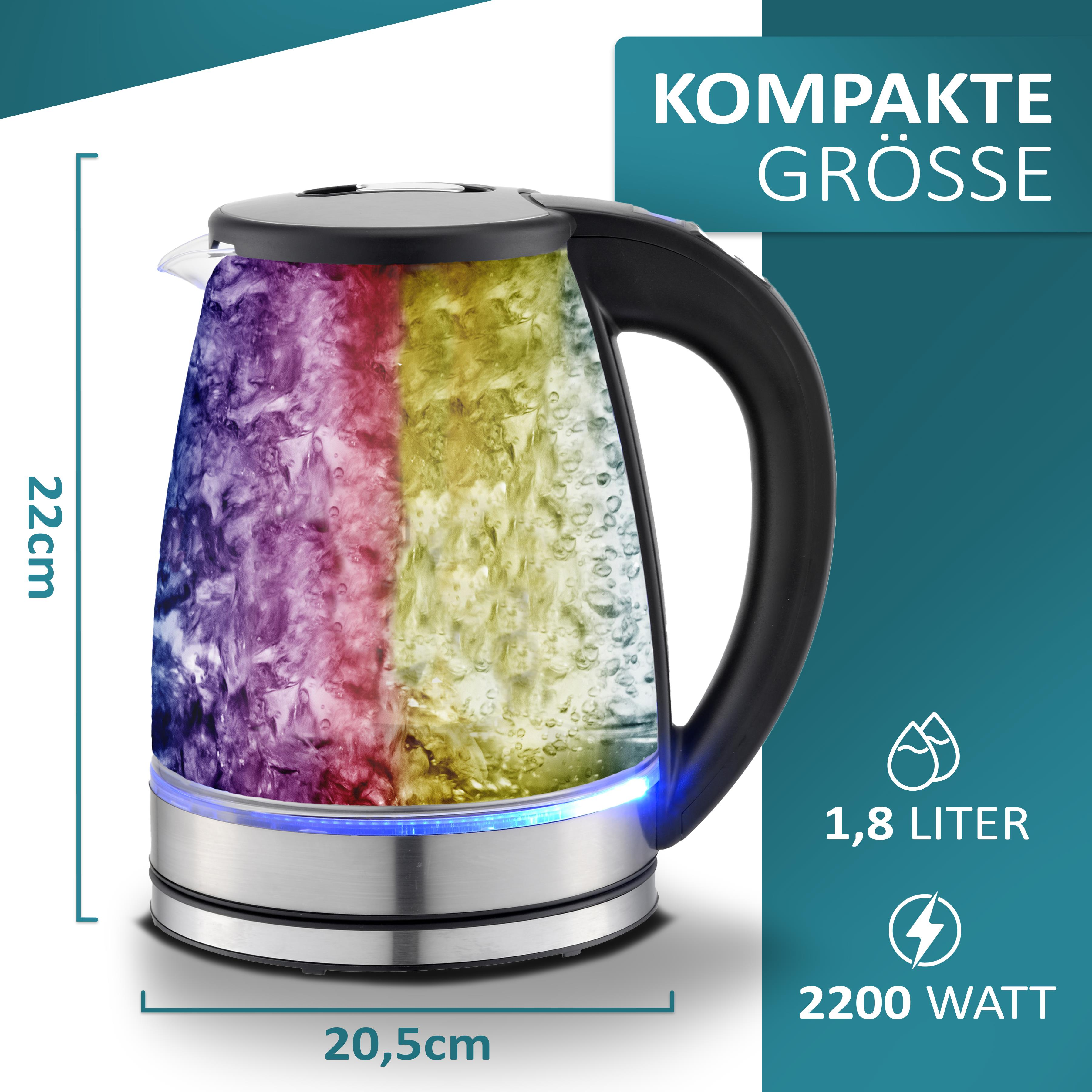 Un bollitore con acqua colorata, alto 22cm, largo 20,5cm, 1,8L, 2200W.