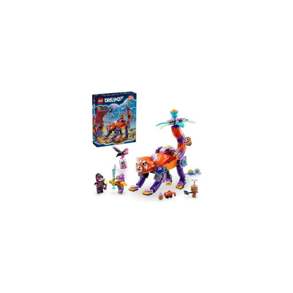 Figürler ve oyuncak kutusu olan turuncu ve mor LEGO aslan.