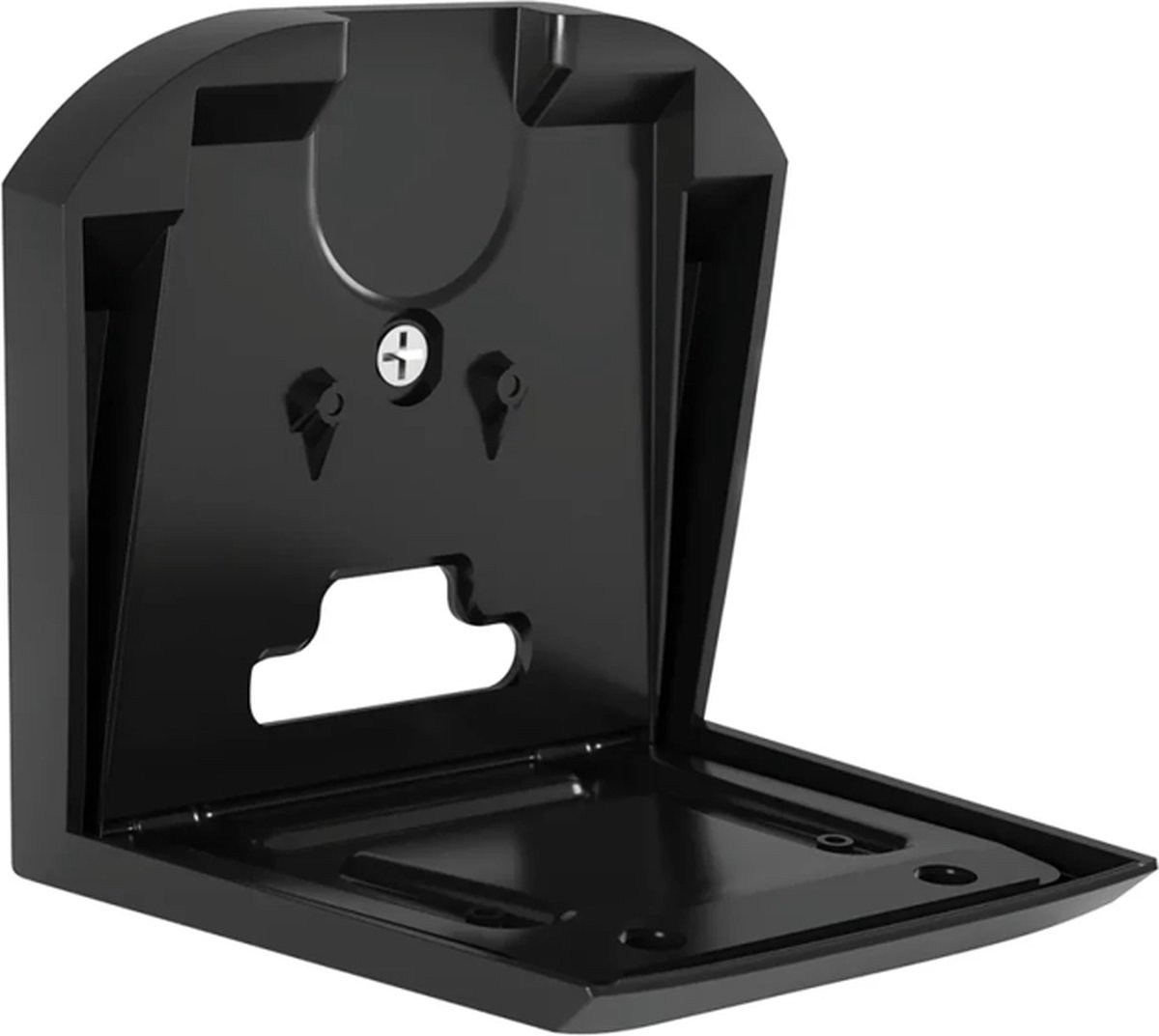 Zwarte open plastic doos met montagegaten en kabeluitsparing.