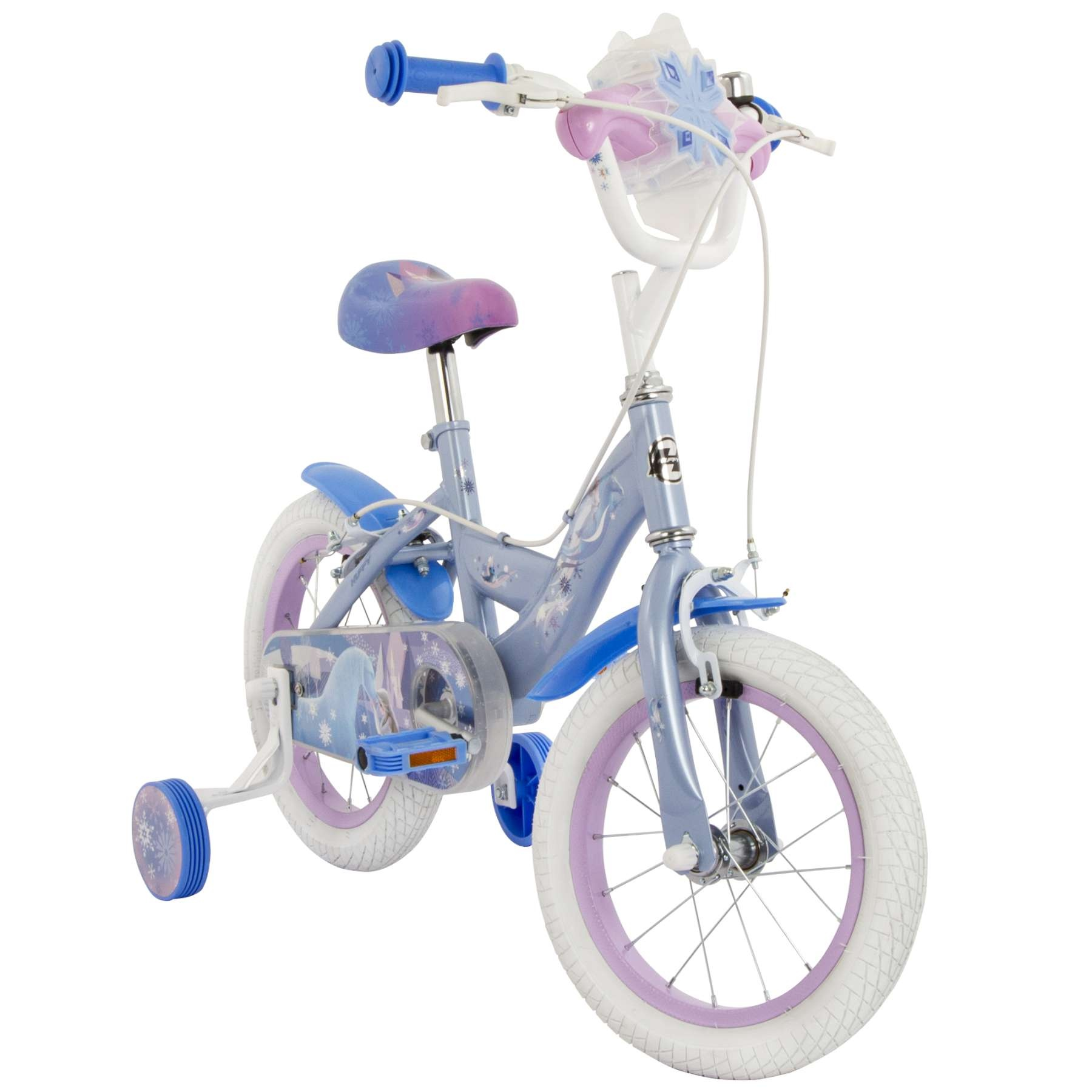 Una bici viola chiaro per bambini con rotelle e grafica di Elsa.