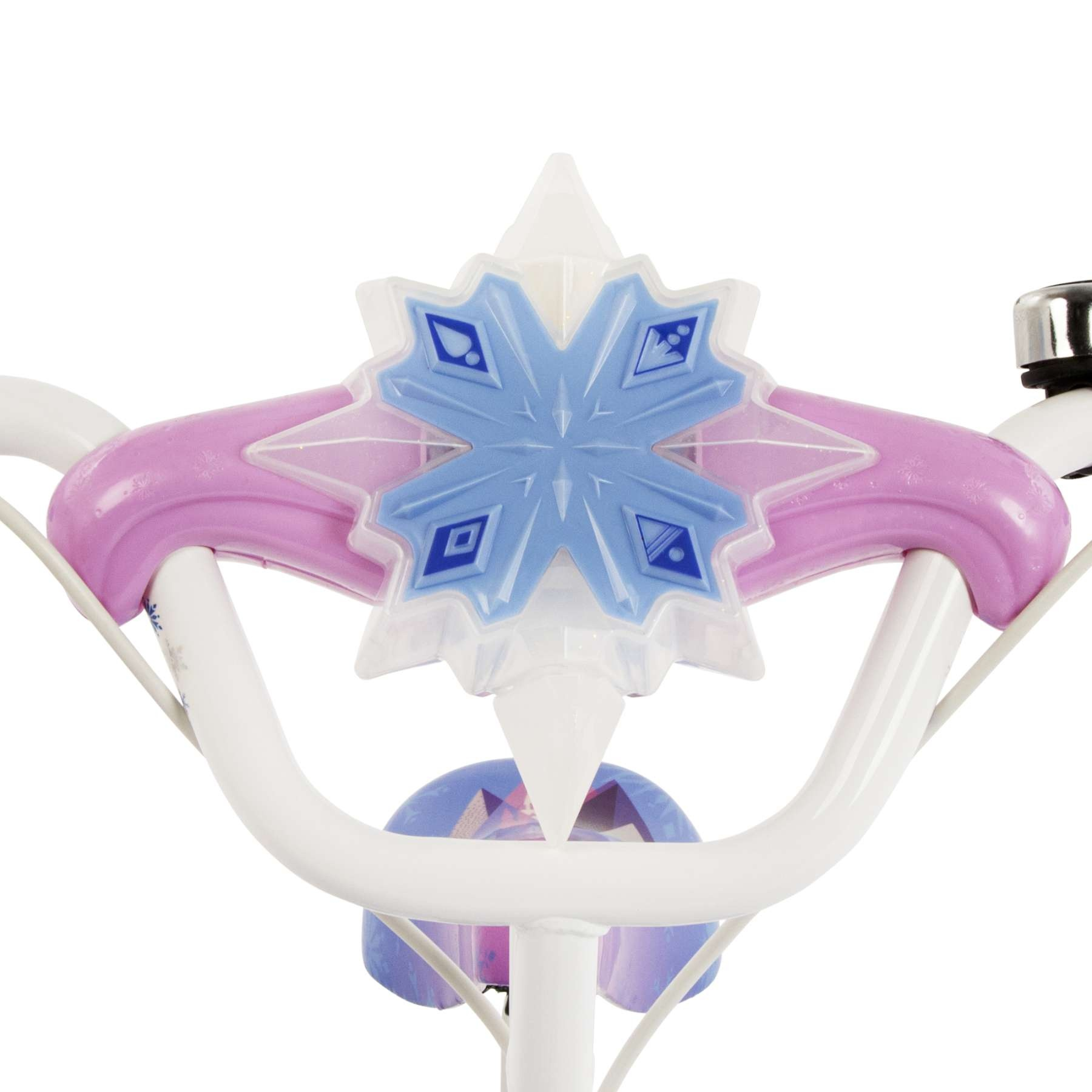 Manubrio di bicicletta bianco con decorazione a stella rosa e blu.